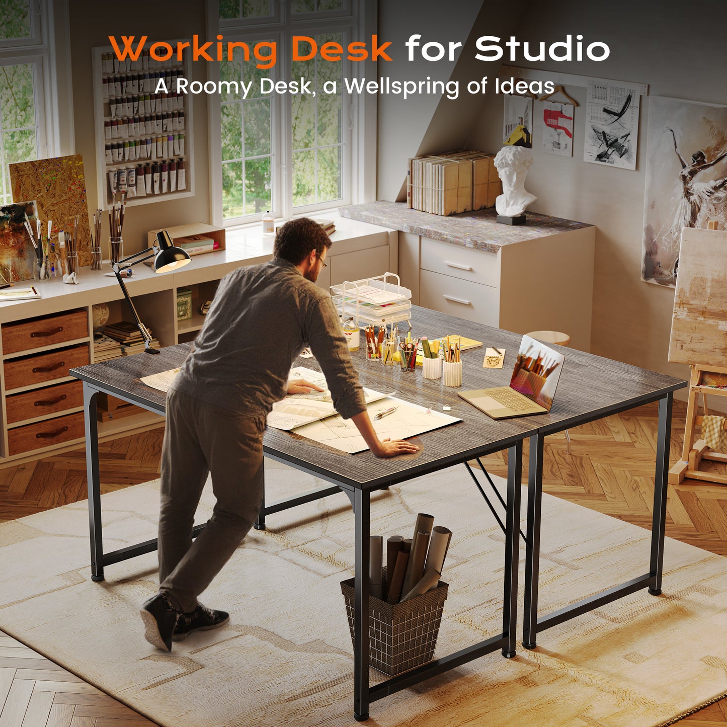 PRAISUN 48 X 24 Inch Computer Desk with Deeper Desktop, Gaming Office Writing Work Desk for Home Office, Study, Bedroom, Work from Home, Metal Frame, Grey