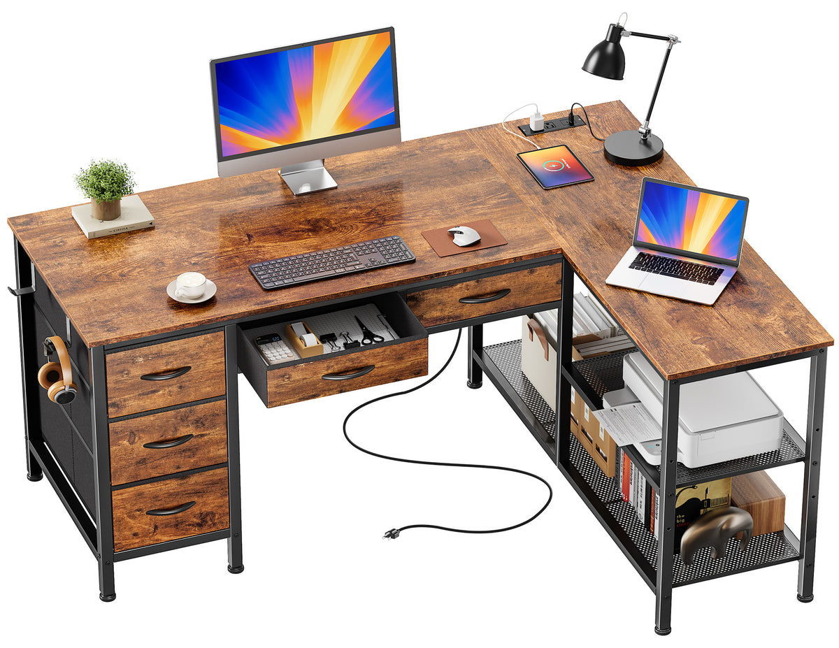 Praisun 47 Inch L Shaped Desk with Power Outlets, 5 Fabric Drawers Reversible Computer Desk with Shelves, USB-C Port, Large Corner Office Desk for Gaming Writing Work Study, Rustic Brown