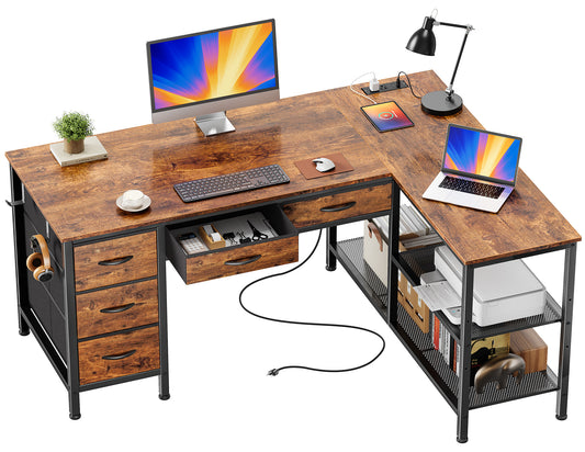 Praisun 47 Inch L Shaped Desk with Power Outlets, 5 Fabric Drawers Reversible Computer Desk with Shelves, USB-C Port, Large Corner Office Desk for Gaming Writing Work Study, Rustic Brown