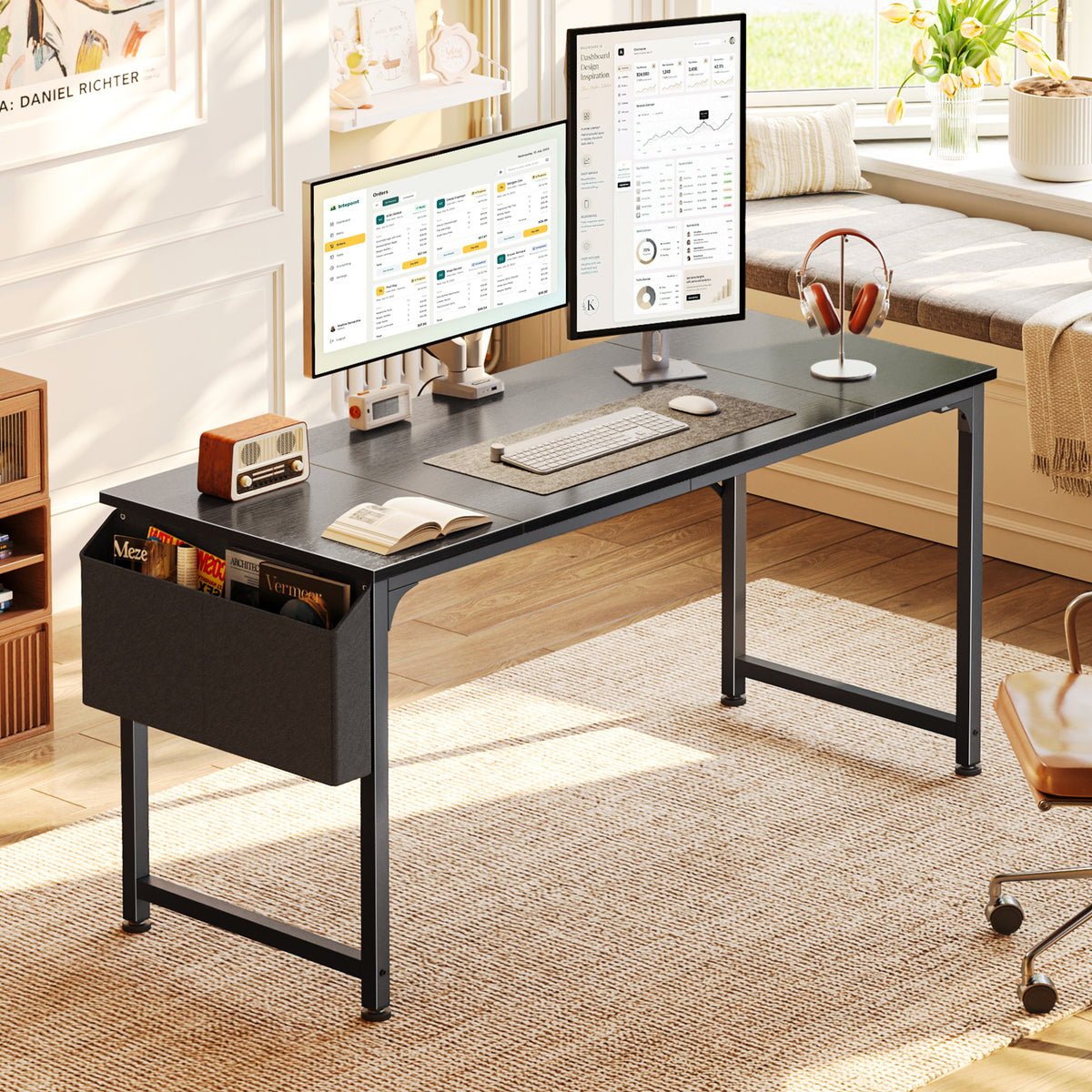 PRAISUN 55'' Computer Desk with Fabric Storage Bag, Office Desk with Durable Desktop, Large Gaming Desk, Writing Work Study Desk for Bedroom, Home Office, Black