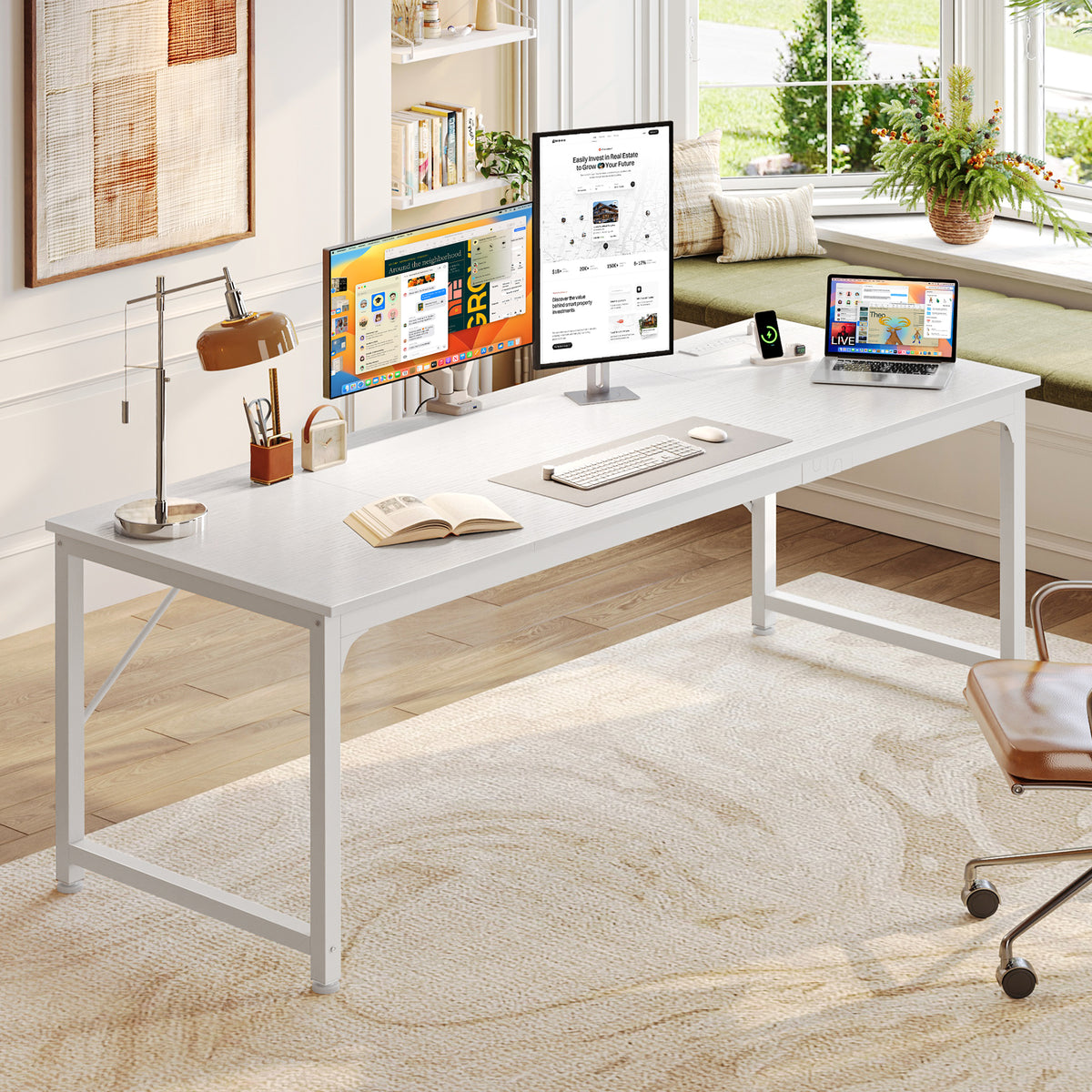 PRAISUN 70 x 24 Inch Computer Desk with Power Outlets & USB-C, White Office Desk with 4 AC Outlets, USB & USB-C, Heavy Duty Metal Frame, Spacious Desktop for Work, Writing, Study & Gaming