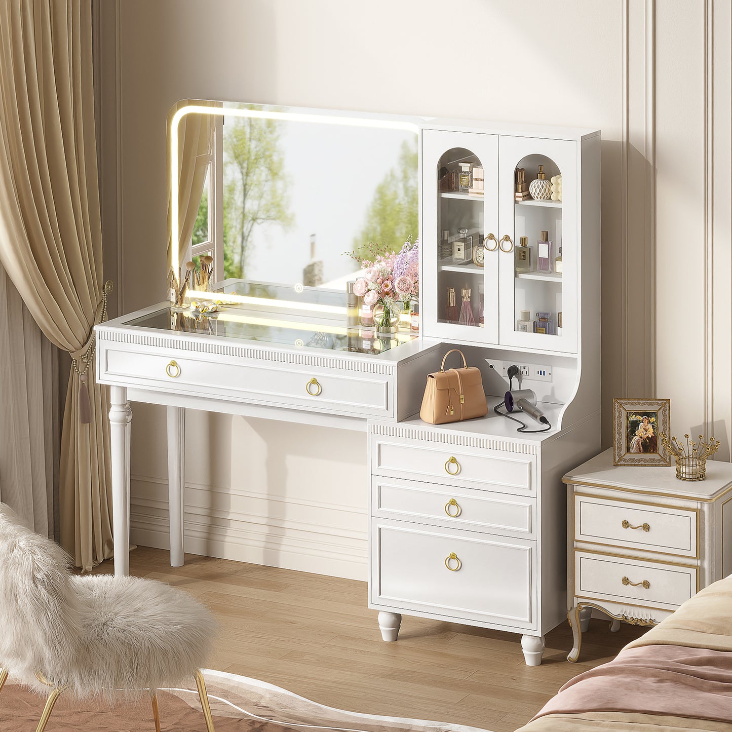 PRAISUN 53 Inch Makeup Vanity Desk with Large Mirror and Lights, Vanity Table with Power Outlets and USB-C Port, Glass Top, 4 Divided Drawer Storage, Big Vanity with Cabinet, Adjustable Shelves