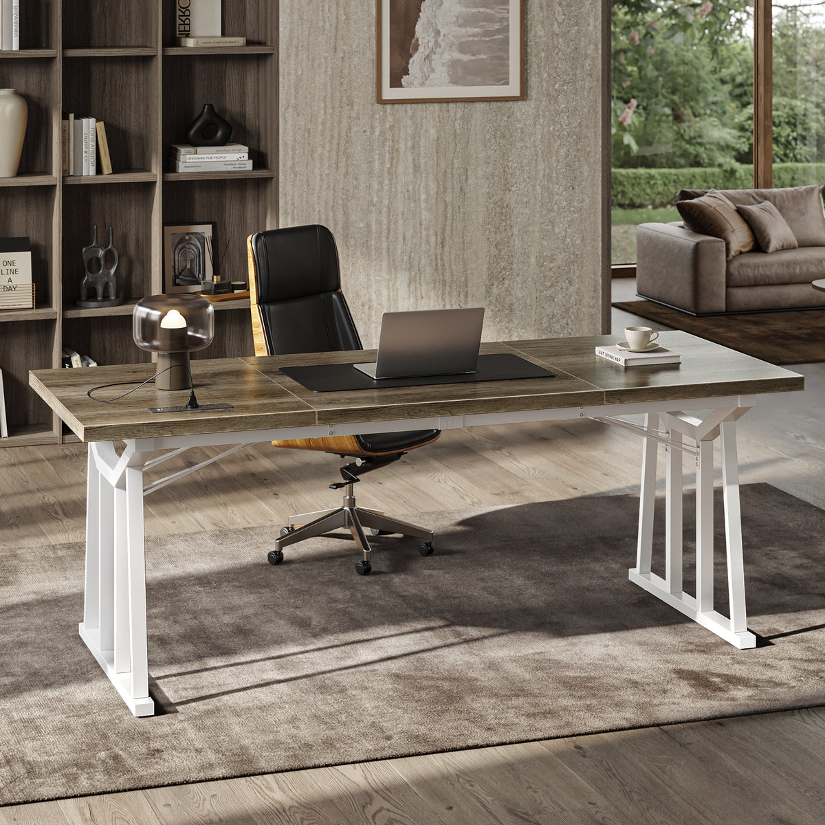 PRAISUN 71'' Large Office Desk with Power Outlets, 25mm Thicker Desktop Heavy Duty Executive Computer Desk with USB-C Ports, Sturdy Metal Frame, 31.5'' Wide PC Work Home Office Study Desk, Grey
