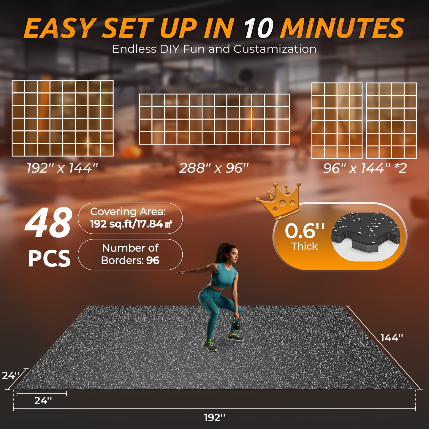 PRAISUN 0.6" Thicker Rubber Top Gym Flooring for Home Gym, 48 Pcs 192 Sq Ft Workout Mats, Exercise Mat, Interlocking Rubber Floor Mats with High Density EVA Foam for Garage, 24 x 24in, Black/Grey
