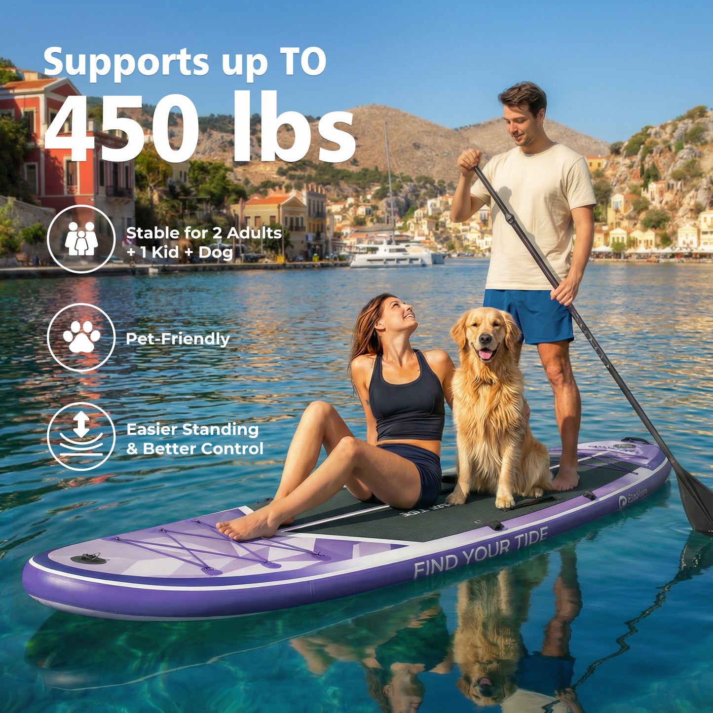 PRAISUN 12’ x 35” Inflatable Paddle Board, 450lbs Extra Wide Stand Up Paddleboard for Youth/Adults of All Skill Levels, Stable SUP with Seat & Full Kit, for Fishing, Yoga, Lake & Ocean