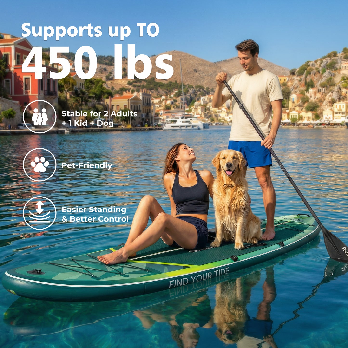 PRAISUN 12’ x 35” Inflatable Paddle Board, 450lbs Extra Wide Stand Up Paddleboard for Youth/Adults of All Skill Levels, Stable SUP with Seat & Full Kit, for Fishing, Yoga, Lake & Ocean