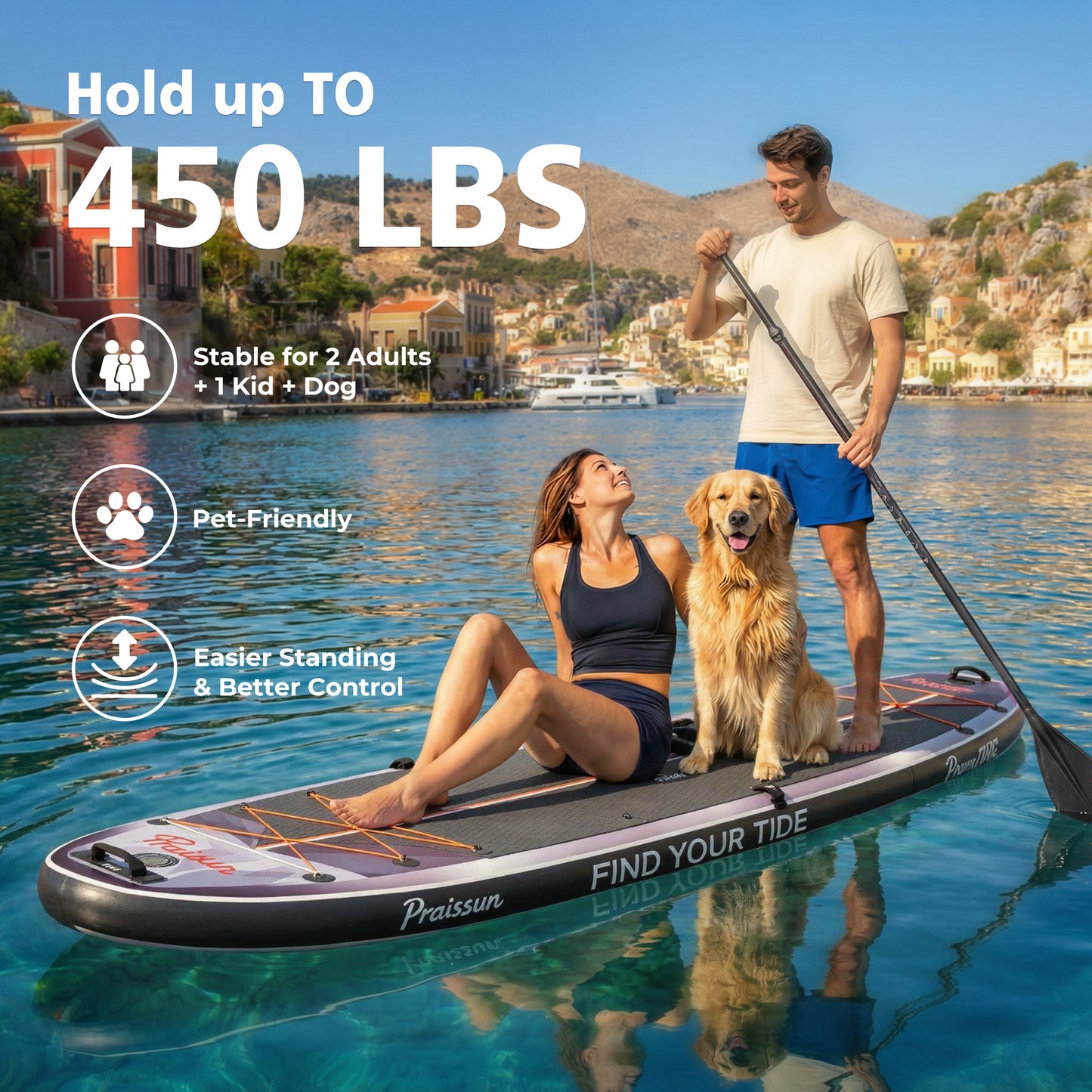 PRAISUN 12’ x 35” Inflatable Paddle Board, 450lbs Extra Wide Stand Up Paddleboard for Youth/Adults of All Skill Levels, Stable SUP with Seat & Full Kit, for Fishing, Yoga, Lake & Ocean