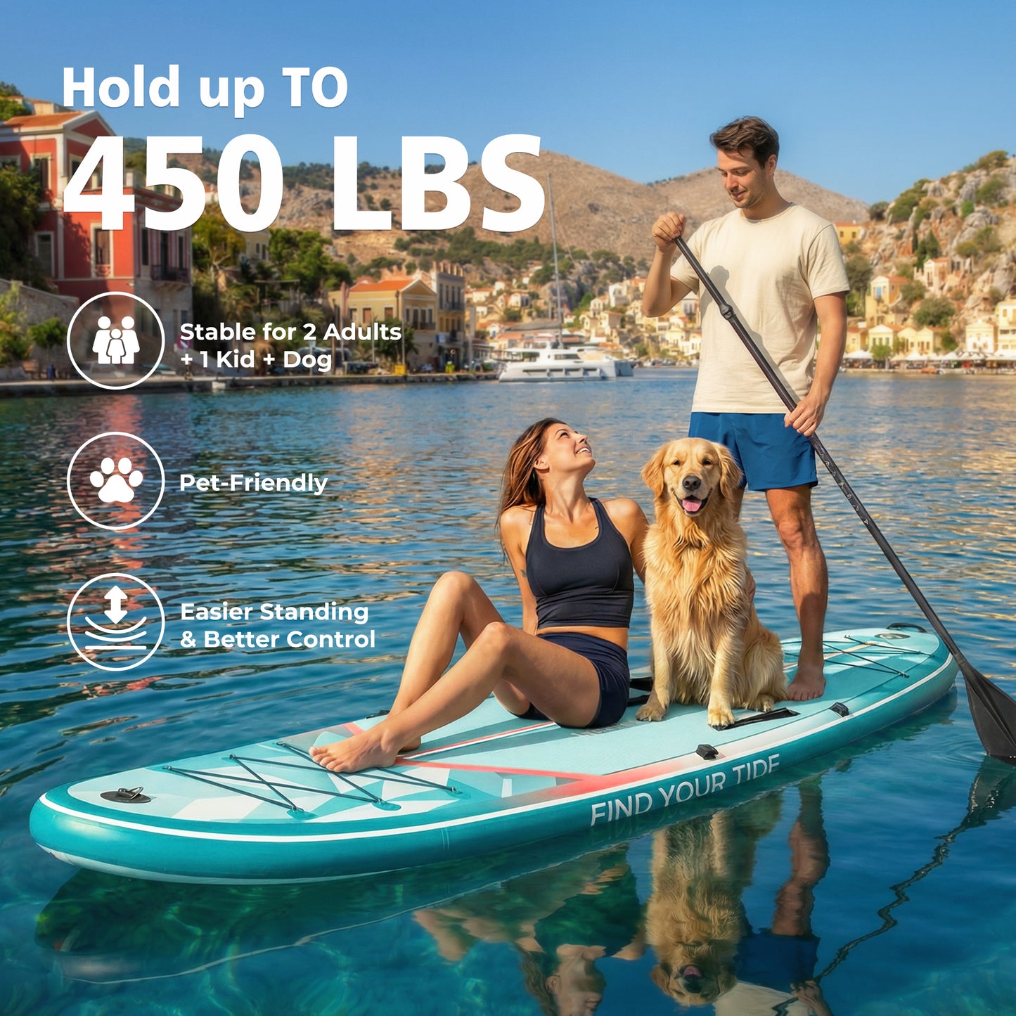 PRAISUN 12’ x 35” Inflatable Paddle Board, 450lbs Extra Wide Stand Up Paddleboard for Youth/Adults of All Skill Levels, Stable SUP with Seat & Full Kit, for Fishing, Yoga, Lake & Ocean