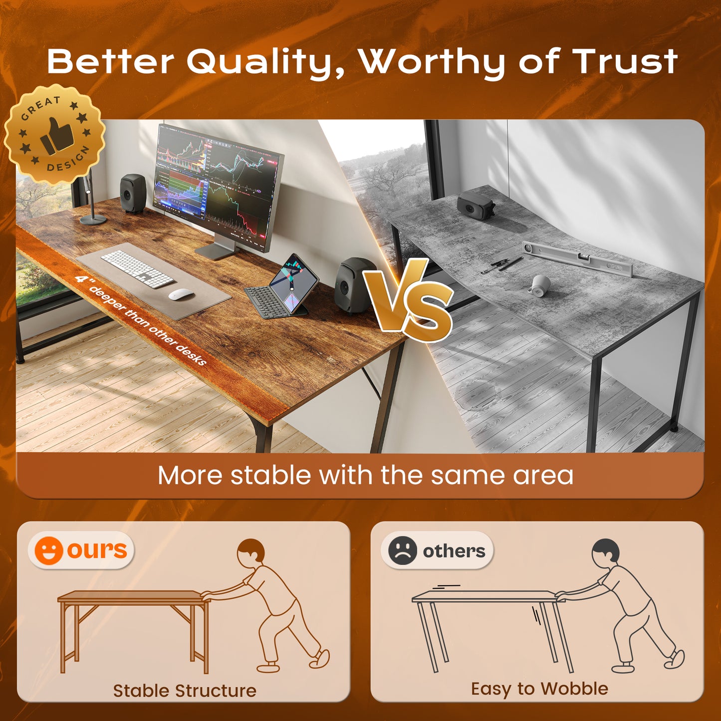 PRAISUN 54 X 24 Inch Computer Desk with Deeper Desktop, Gaming Office Writing Work Desk for Home Office, Study, Bedroom, Work from Home, Metal Frame, Rustic Brown