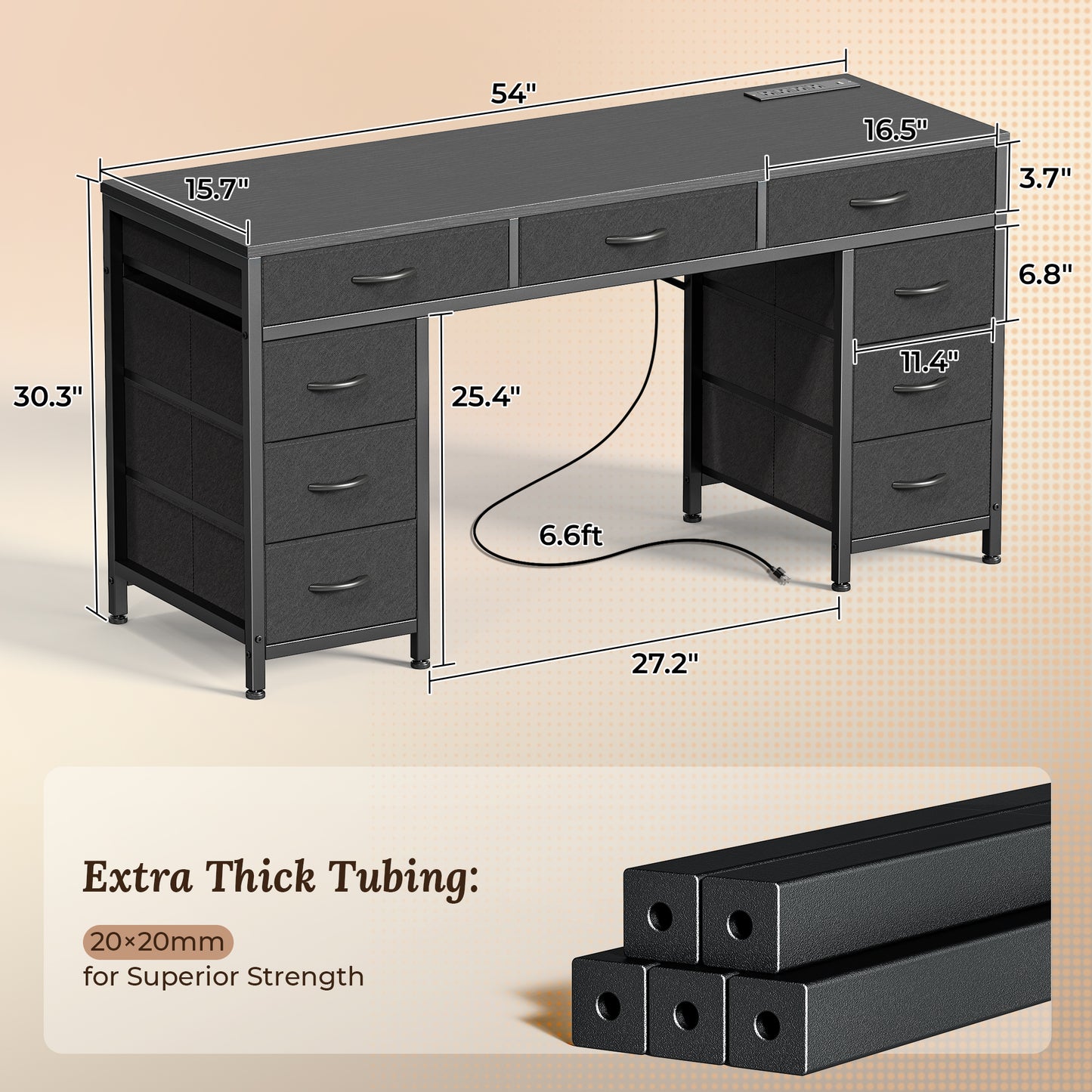 PRAISUN 54 Inch Office Desk with Outlets, Computer Desk with 9 Fabric Drawers, Writing Gaming Work Study Desk for Bedroom, Living Room, Home Office, Large Storage, Black