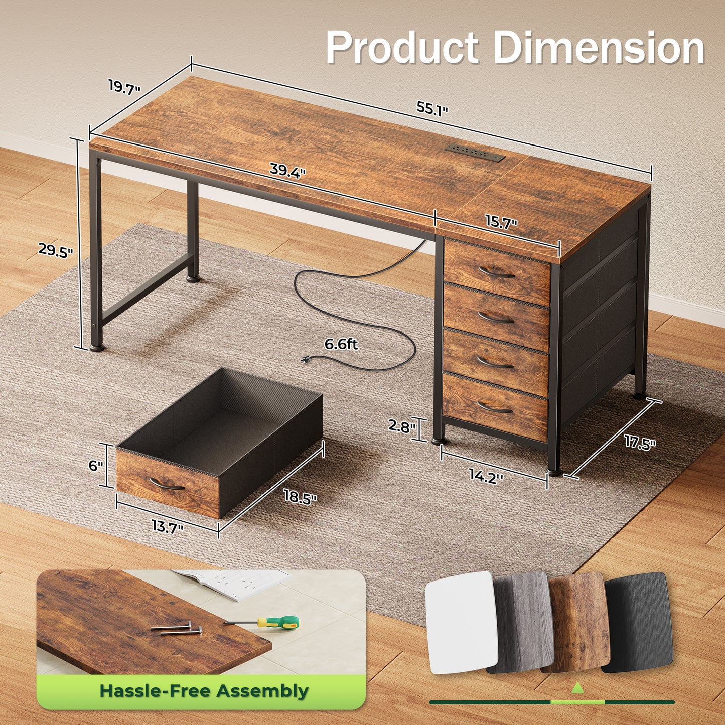PRAISUN 55.1 Inch Computer Office Desk with Power Outelts and USB-C Port, Reversible Gaming Desk with 4 Fabric Drawers, Work Study Desk Work from Home, Rustic Brown