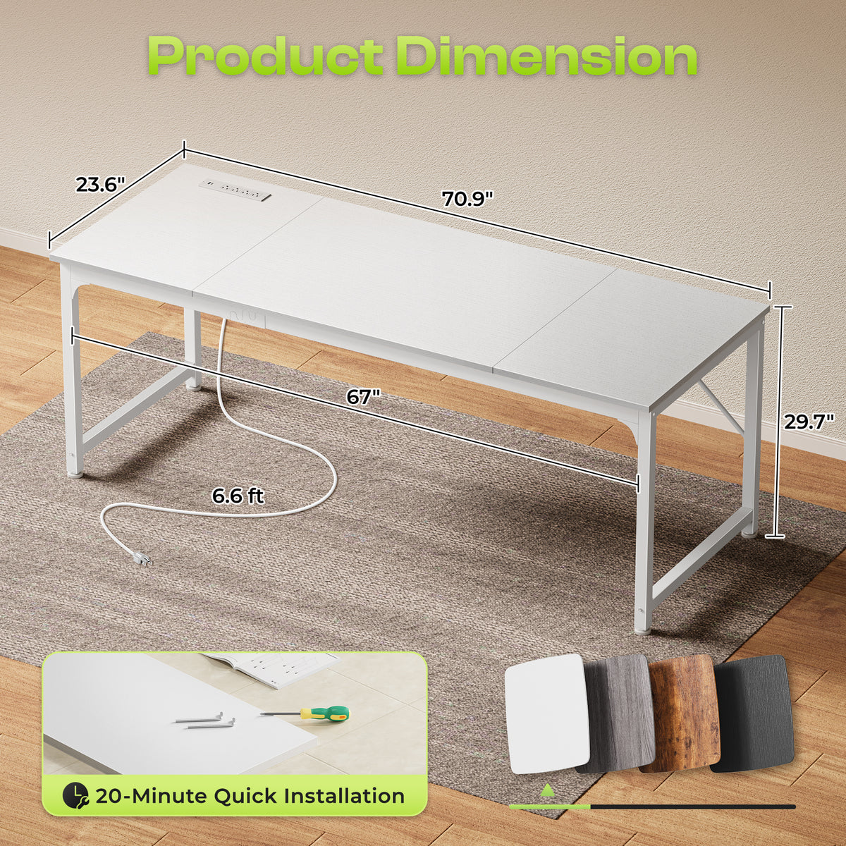 PRAISUN 70 x 24 Inch Computer Desk with Power Outlets & USB-C, White Office Desk with 4 AC Outlets, USB & USB-C, Heavy Duty Metal Frame, Spacious Desktop for Work, Writing, Study & Gaming