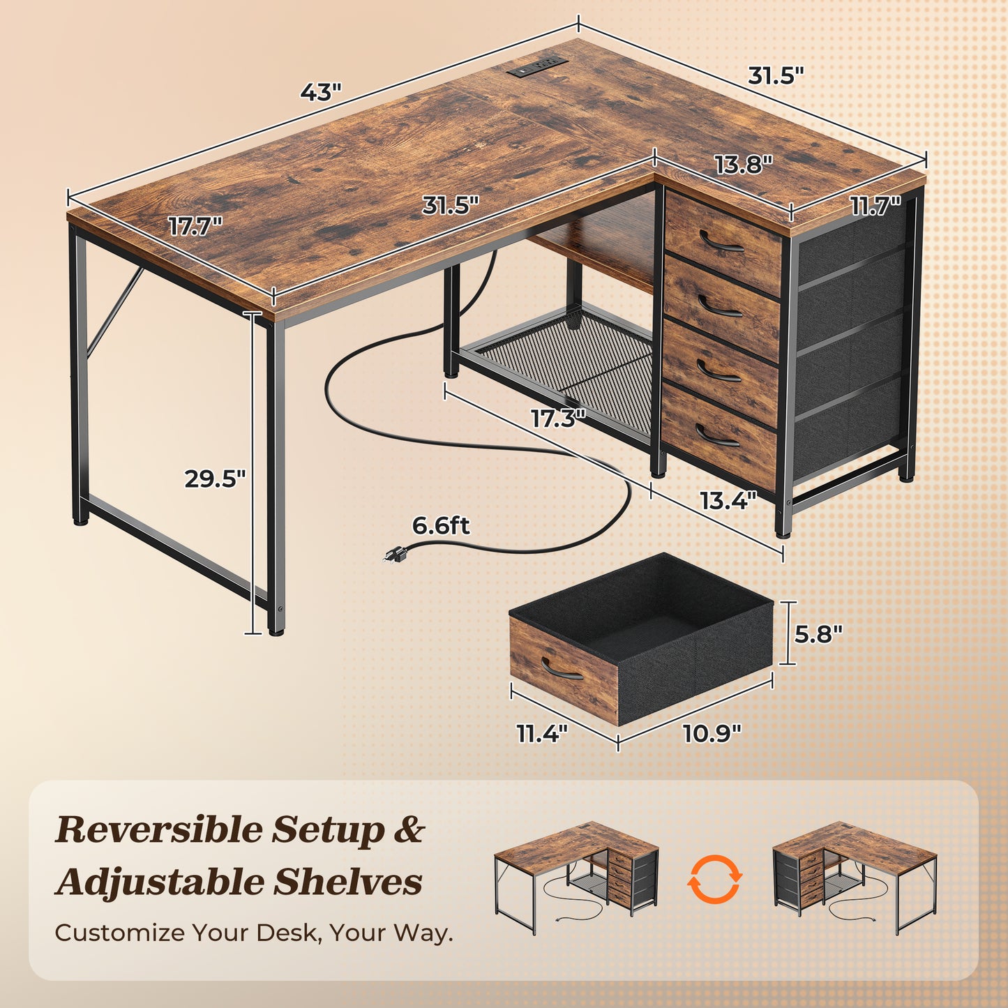 PRAISUN 43.3" Small Computer Desk with Power Outlets and USB-C Port, Reversible L Shaped Corner Office Desk with 4 Fabric Drawers and 2 Height-Adjustable Shelves, for Gaming Writing, Rustic Brown