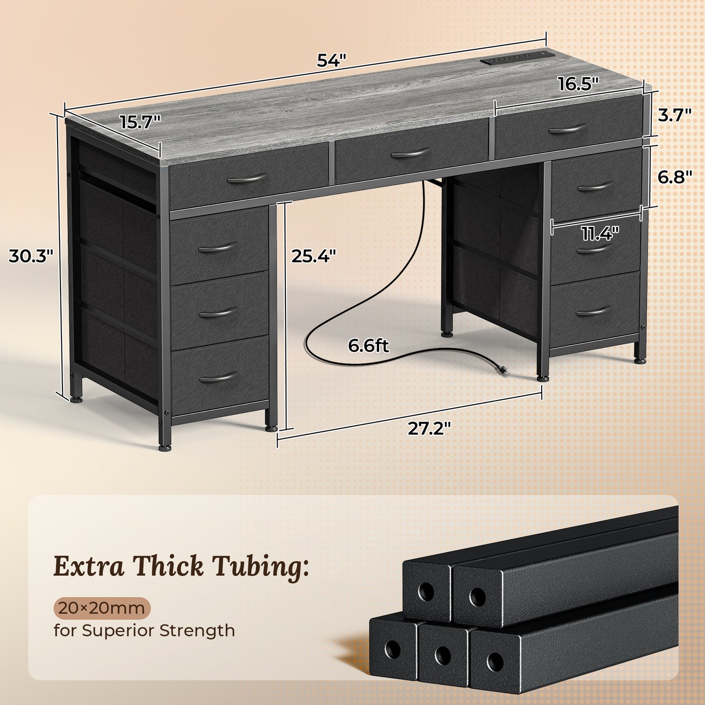PRAISUN 54 Inch Office Desk with Outlets, Computer Desk with 9 Fabric Drawers, Writing Gaming Work Study Desk for Bedroom, Living Room, Home Office, Large Storage, Grey
