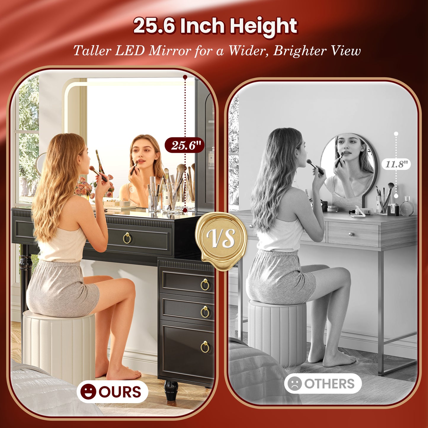 PRAISUN 53 Inch Makeup Vanity Desk with Large Mirror and Lights, Vanity Table with Power Outlets and USB-C Port, Glass Top, 4 Divided Drawer Storage, Big Vanity with Cabinet, Adjustable Shelves