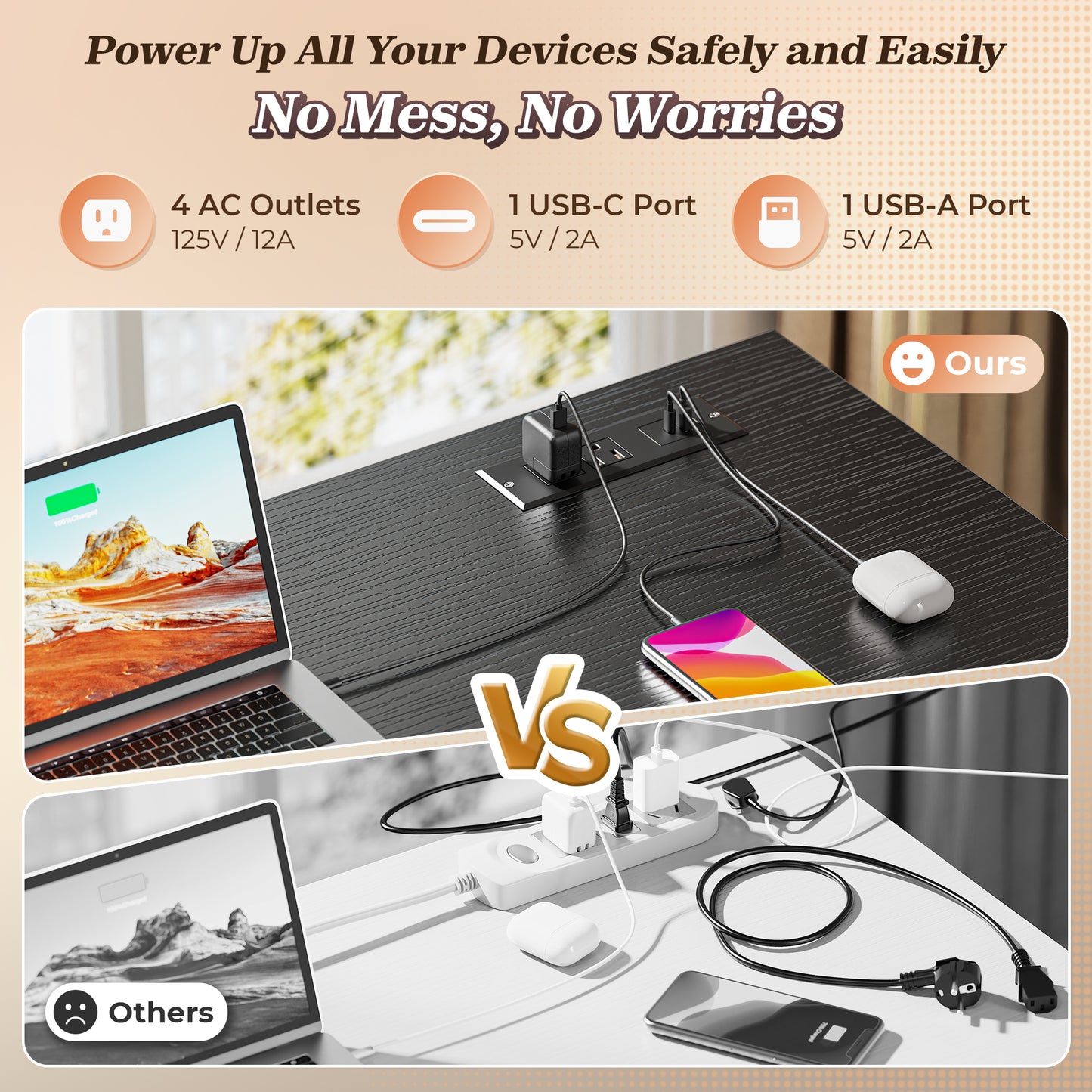 PRAISUN 43.3" Small Computer Desk with Power Outlets and USB-C Port, Reversible L Shaped Corner Office Desk with 4 Fabric Drawers and 2 Height-Adjustable Shelves, for Gaming Writing, Black