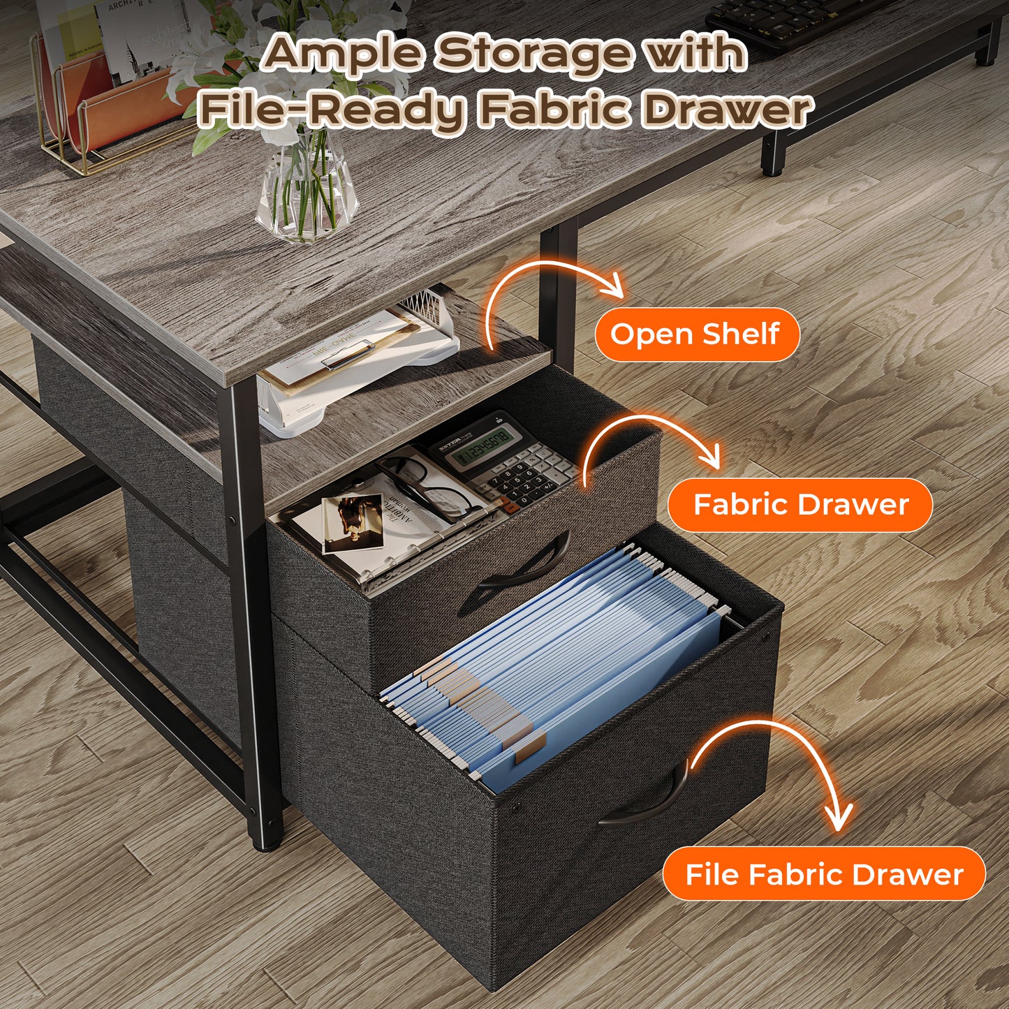 PRAISUN 63 Inch L Shaped Desk with Power Outlets and USB-C Port, Computer Corner Home Office Desk with File Fabric Drawers and Movable Monitor Stand, Larger Storage, Gaming, Writing, Work, Grey