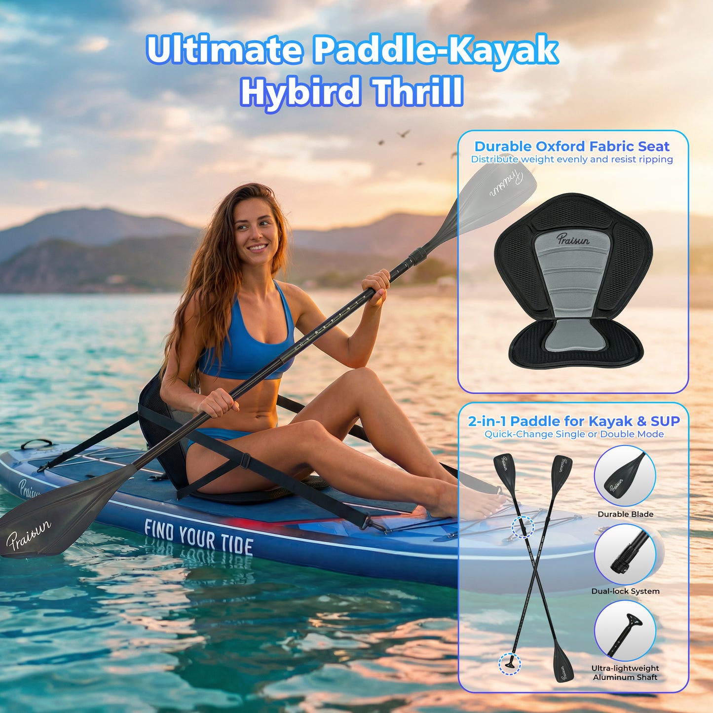 PRAISUN 12’ x 35” Inflatable Paddle Board, 450lbs Extra Wide Stand Up Paddleboard for Youth/Adults of All Skill Levels, Stable SUP with Seat & Full Kit, for Fishing, Yoga, Lake & Ocean