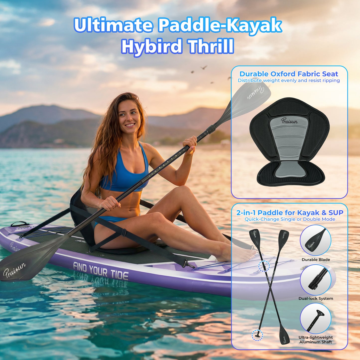 PRAISUN 12’ x 35” Inflatable Paddle Board, 450lbs Extra Wide Stand Up Paddleboard for Youth/Adults of All Skill Levels, Stable SUP with Seat & Full Kit, for Fishing, Yoga, Lake & Ocean