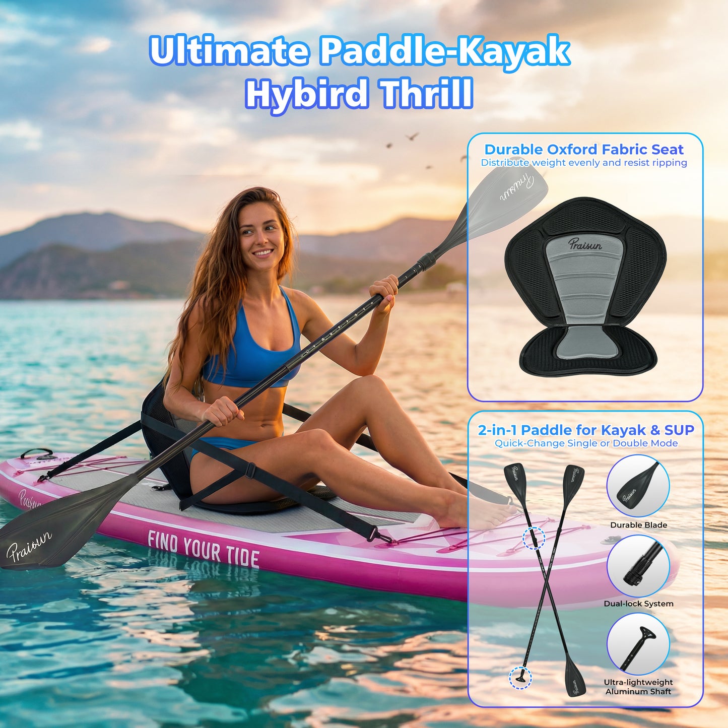 PRAISUN 12’ x 35” Inflatable Paddle Board, 450lbs Extra Wide Stand Up Paddleboard for Youth/Adults of All Skill Levels, Stable SUP with Seat & Full Kit, for Fishing, Yoga, Lake & Ocean