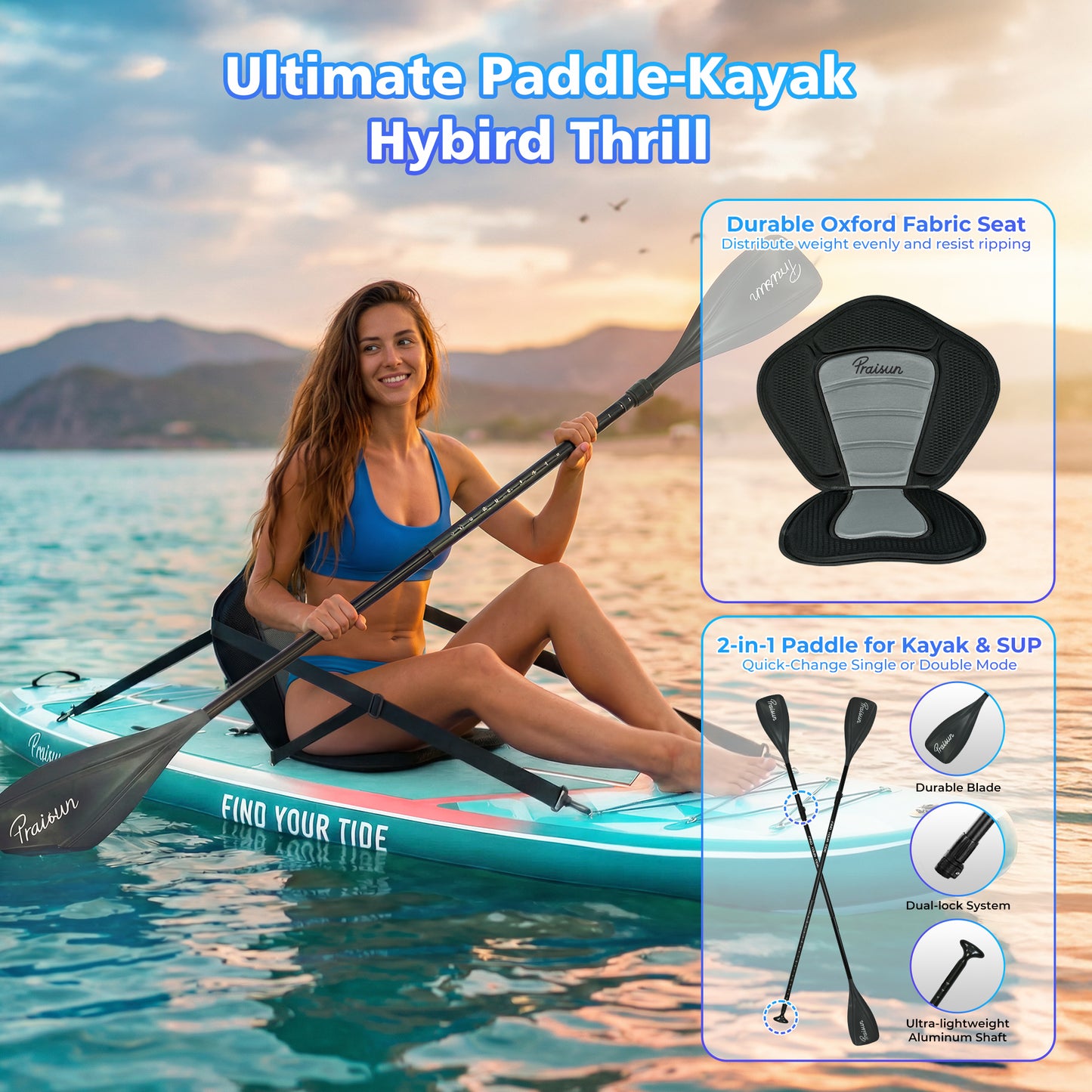 PRAISUN 12’ x 35” Inflatable Paddle Board, 450lbs Extra Wide Stand Up Paddleboard for Youth/Adults of All Skill Levels, Stable SUP with Seat & Full Kit, for Fishing, Yoga, Lake & Ocean