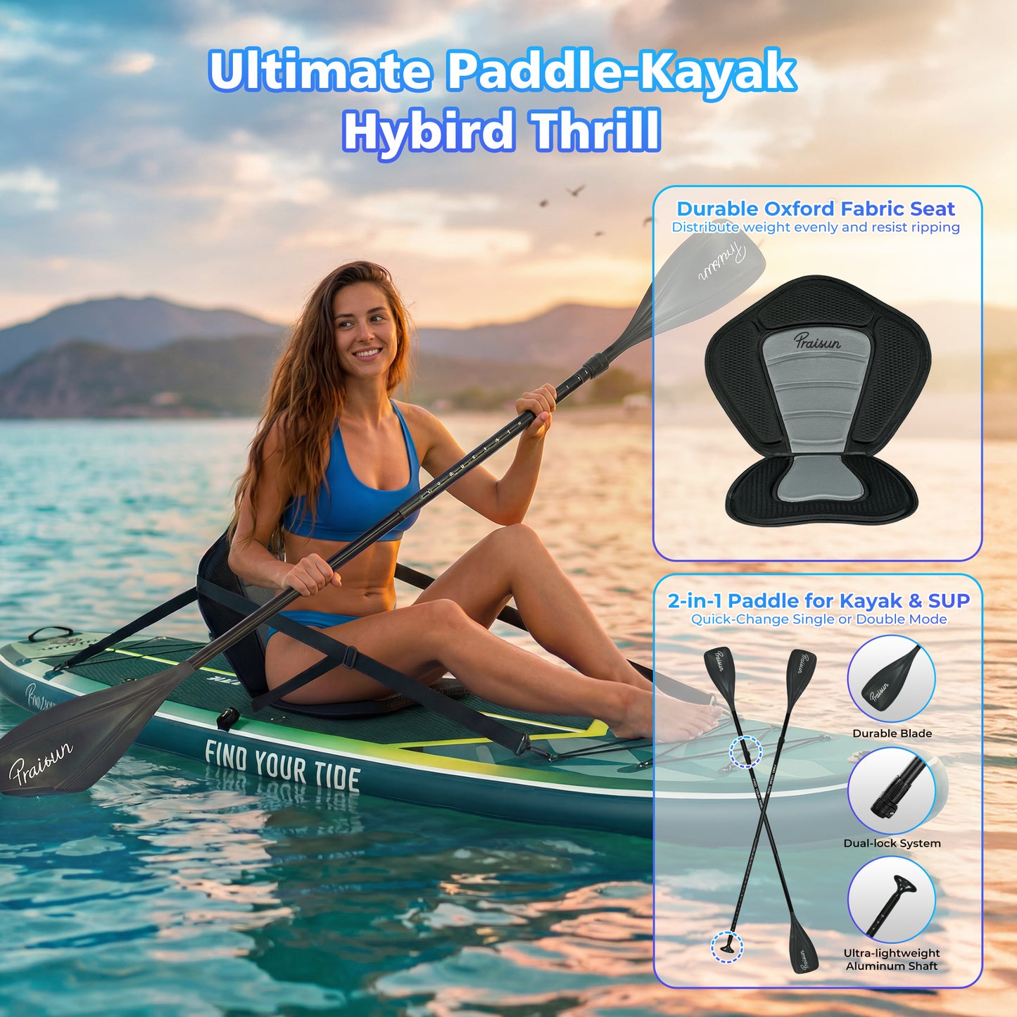 PRAISUN 12’ x 35” Inflatable Paddle Board, 450lbs Extra Wide Stand Up Paddleboard for Youth/Adults of All Skill Levels, Stable SUP with Seat & Full Kit, for Fishing, Yoga, Lake & Ocean
