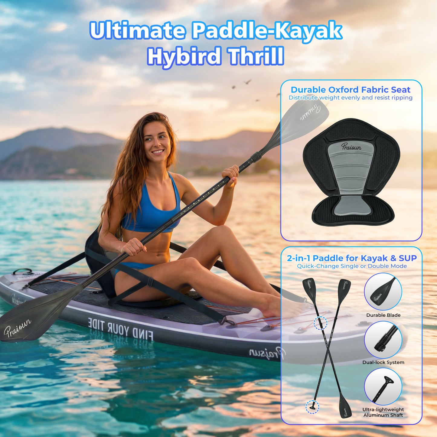 PRAISUN 12’ x 35” Inflatable Paddle Board, 450lbs Extra Wide Stand Up Paddleboard for Youth/Adults of All Skill Levels, Stable SUP with Seat & Full Kit, for Fishing, Yoga, Lake & Ocean