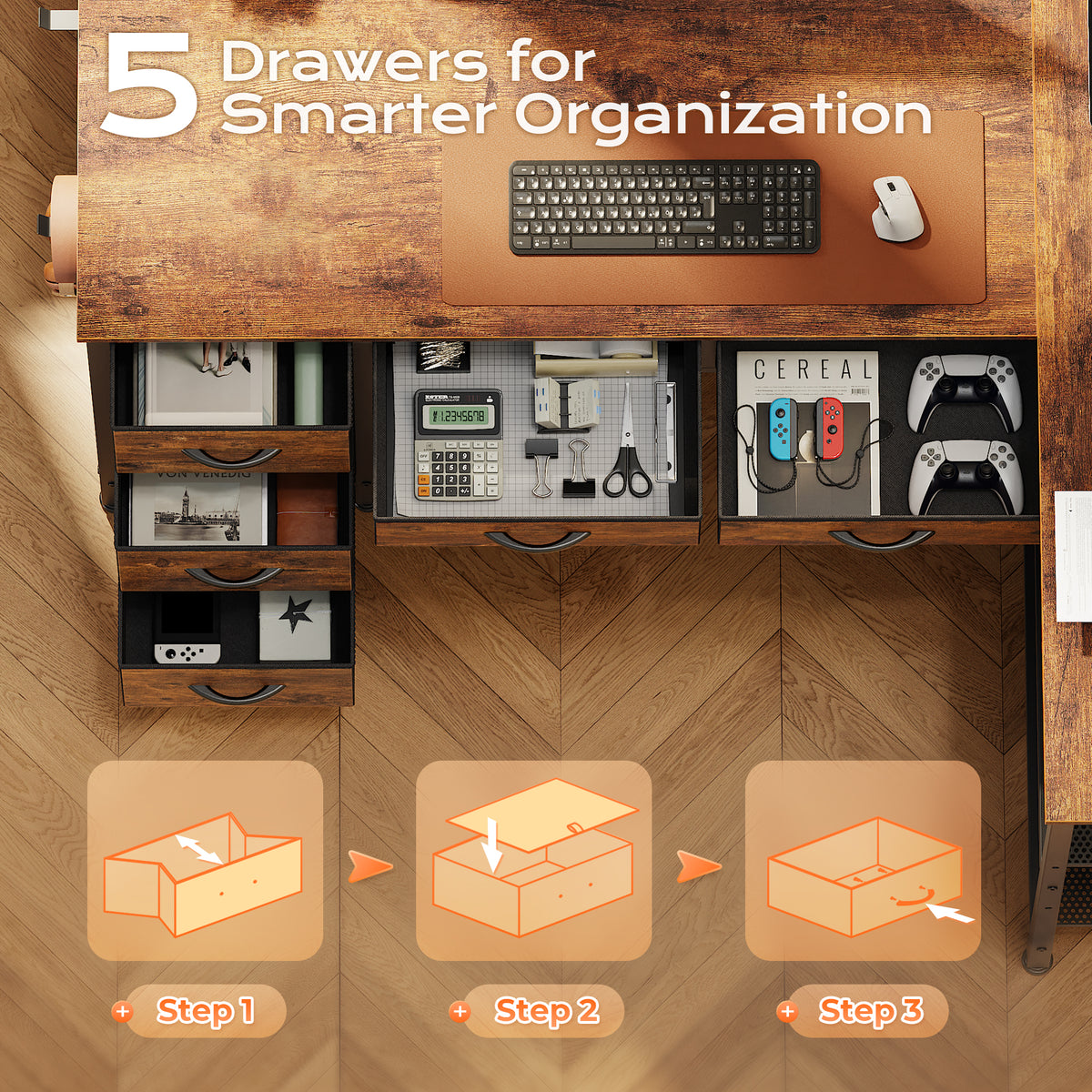 Praisun 47 Inch L Shaped Desk with Power Outlets, 5 Fabric Drawers Reversible Computer Desk with Shelves, USB-C Port, Large Corner Office Desk for Gaming Writing Work Study, Rustic Brown
