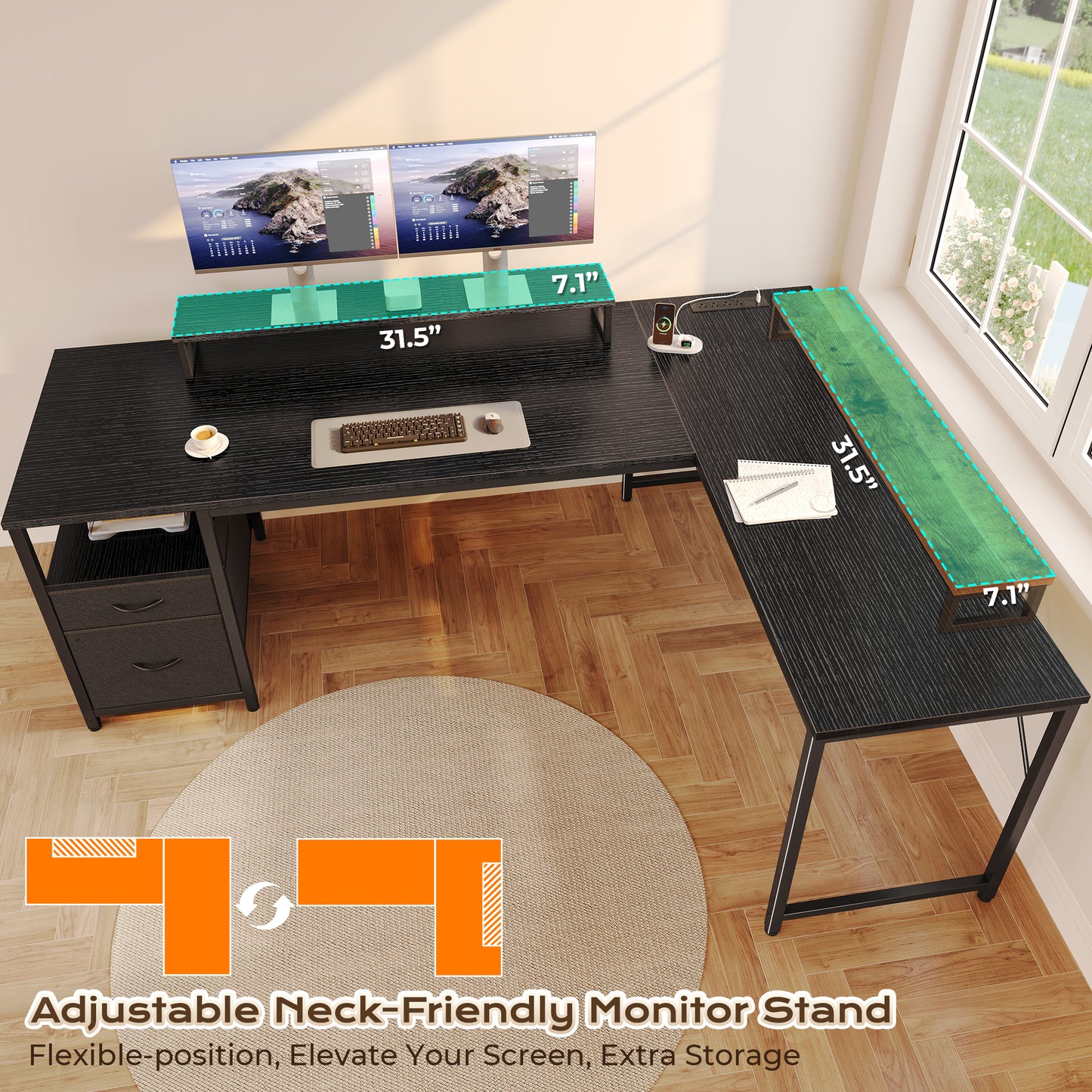 PRAISUN 63 Inch L Shaped Desk with Power Outlets and USB-C Port, Computer Corner Home Office Desk with File Fabric Drawers and Movable Monitor Stand, Larger Storage, Gaming, Writing, Work, Black