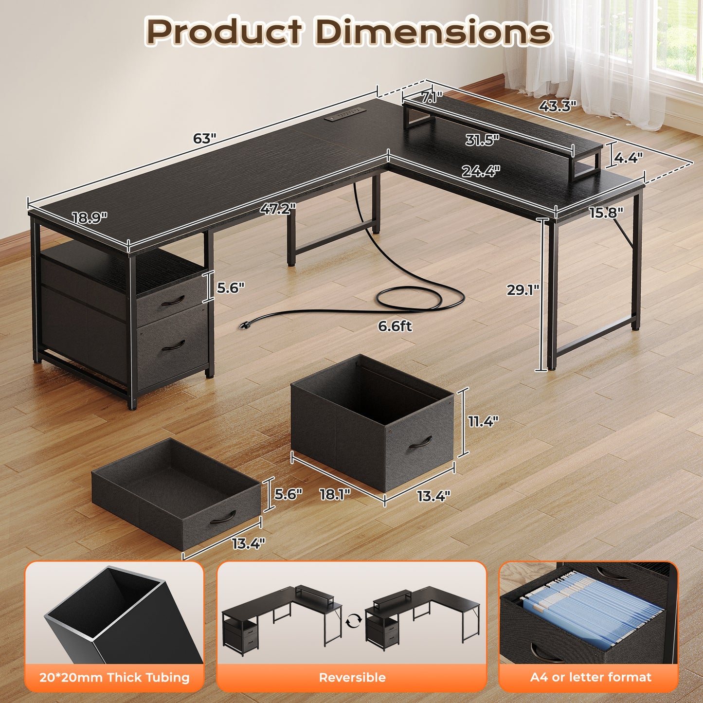 PRAISUN 63 Inch L Shaped Desk with Power Outlets and USB-C Port, Computer Corner Home Office Desk with File Fabric Drawers and Movable Monitor Stand, Larger Storage, Gaming, Writing, Work, Black