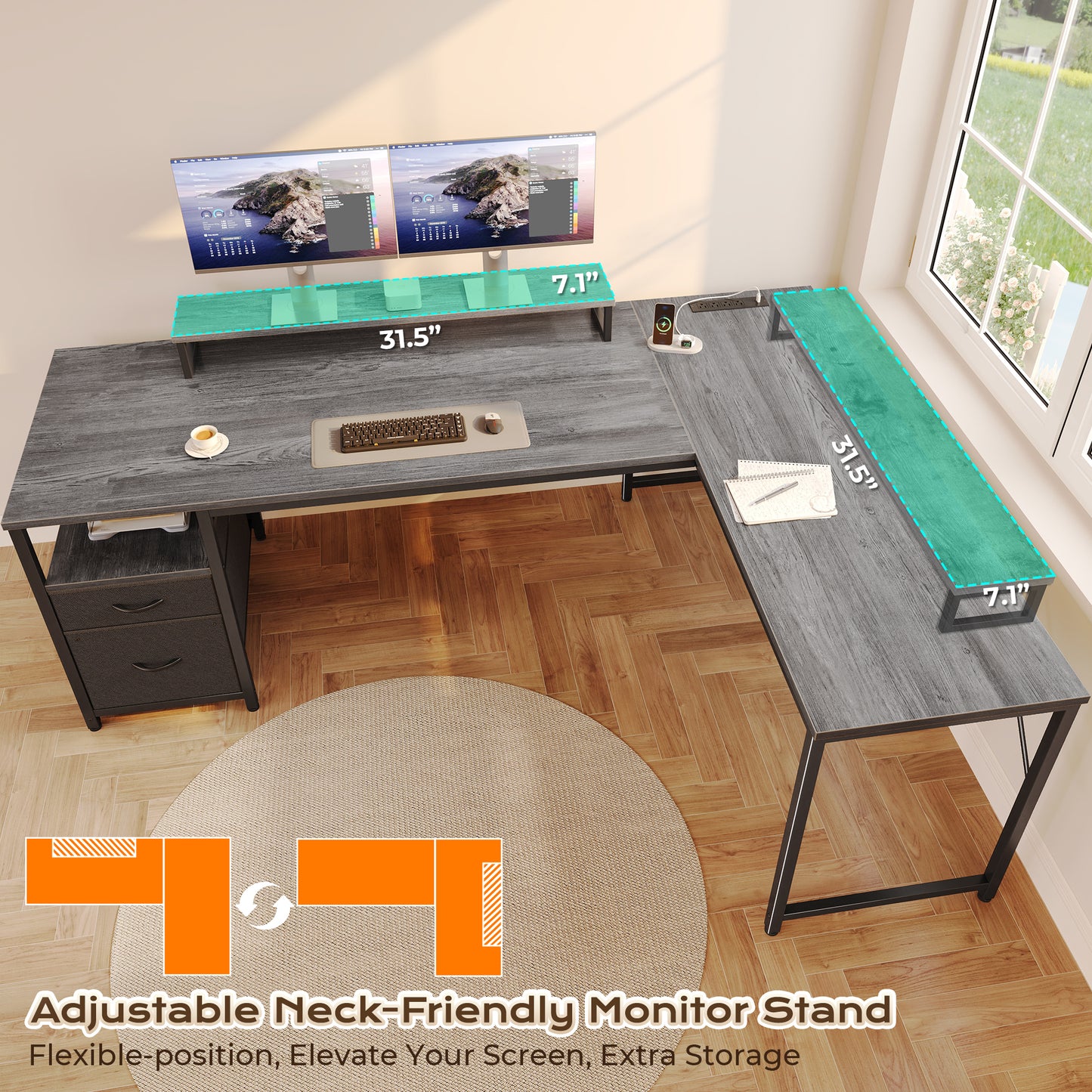 PRAISUN 63 Inch L Shaped Desk with Power Outlets and USB-C Port, Computer Corner Home Office Desk with File Fabric Drawers and Movable Monitor Stand, Larger Storage, Gaming, Writing, Work, Grey