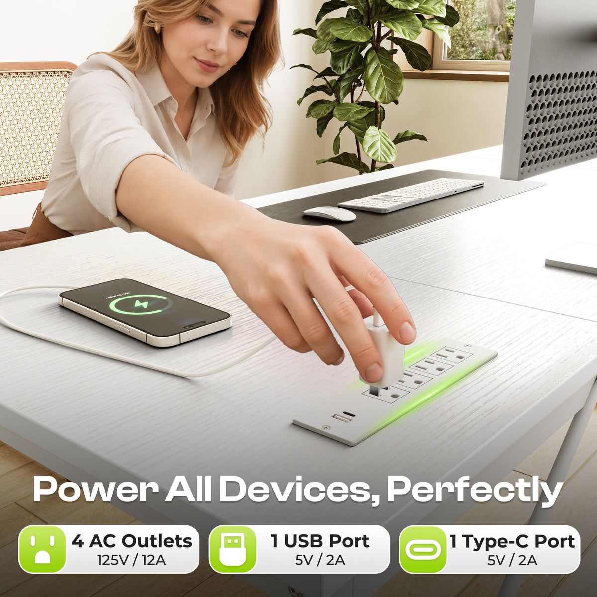 PRAISUN 70 x 24 Inch Computer Desk with Power Outlets & USB-C, White Office Desk with 4 AC Outlets, USB & USB-C, Heavy Duty Metal Frame, Spacious Desktop for Work, Writing, Study & Gaming