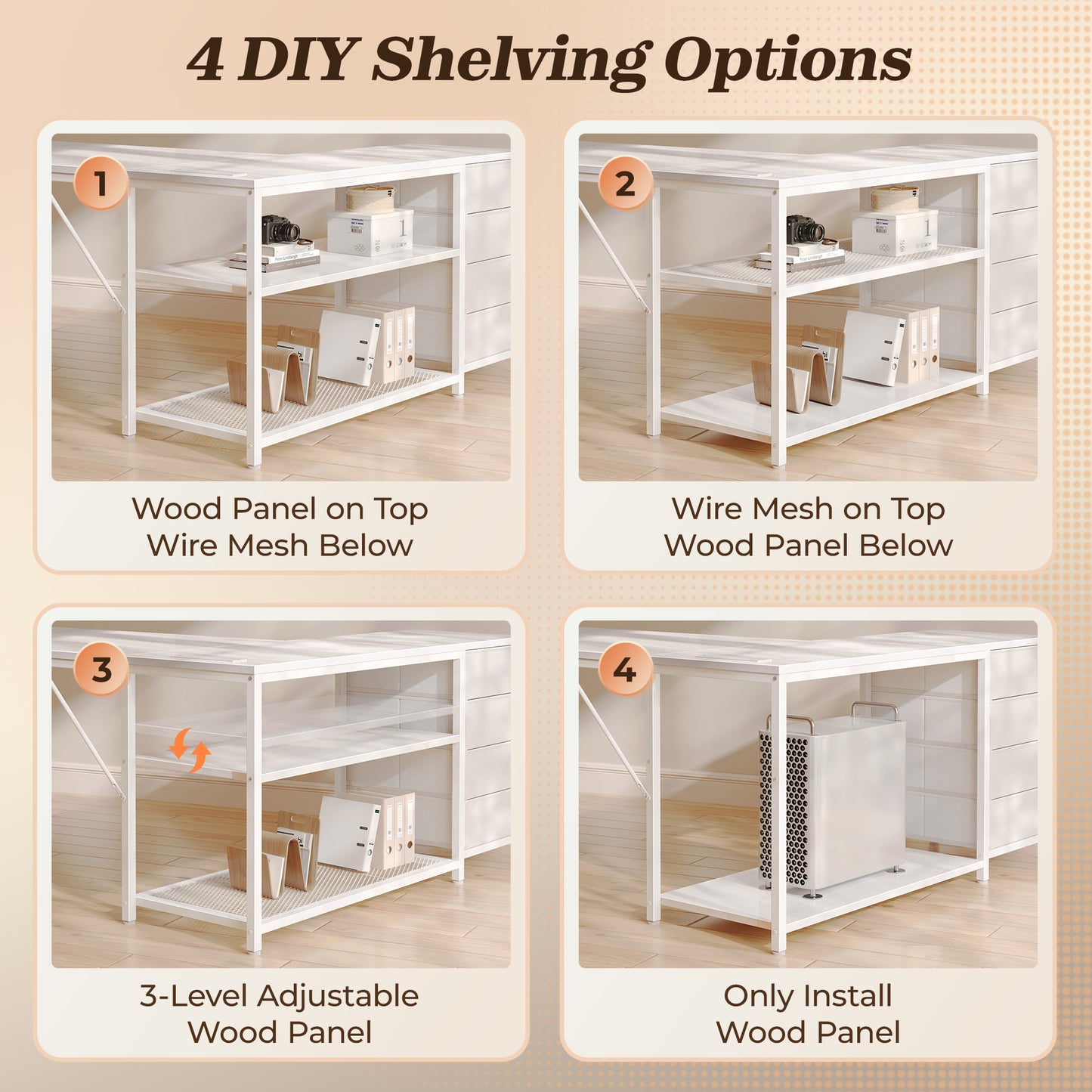 PRAISUN 61" L Shaped Desk with Power Outlets and USB-C Port, Reversible Computer Corner Office Desk with 4 Fabric Drawers and 2 Height-Adjustable Shelves, Large for Gaming Writing Work Study, White
