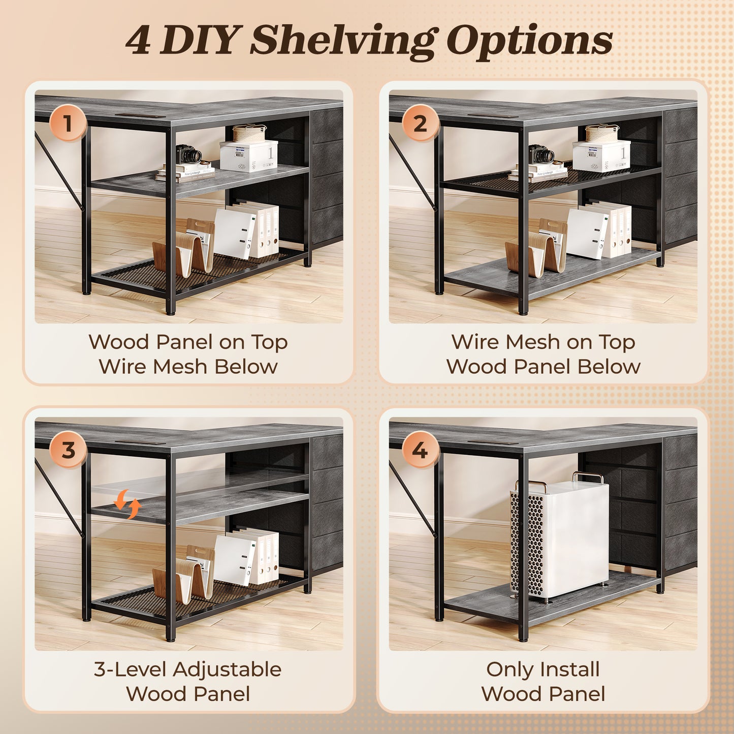 PRAISUN 53" L Shaped Desk with Power Outlets and USB-C Port, Reversible Computer Corner Office Desk with 4 Fabric Drawers and 2 Height-Adjustable Shelves, Large for Gaming Writing Work Study, Grey