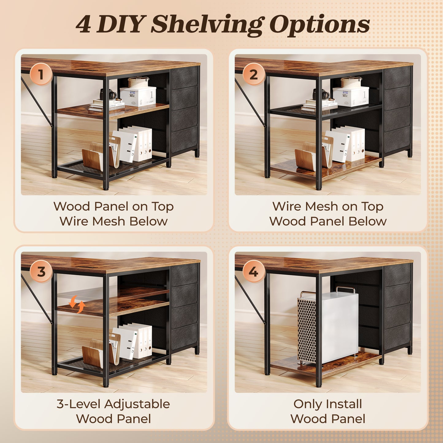 PRAISUN 43.3" Small Computer Desk with Power Outlets and USB-C Port, Reversible L Shaped Corner Office Desk with 4 Fabric Drawers and 2 Height-Adjustable Shelves, for Gaming Writing, Rustic Brown
