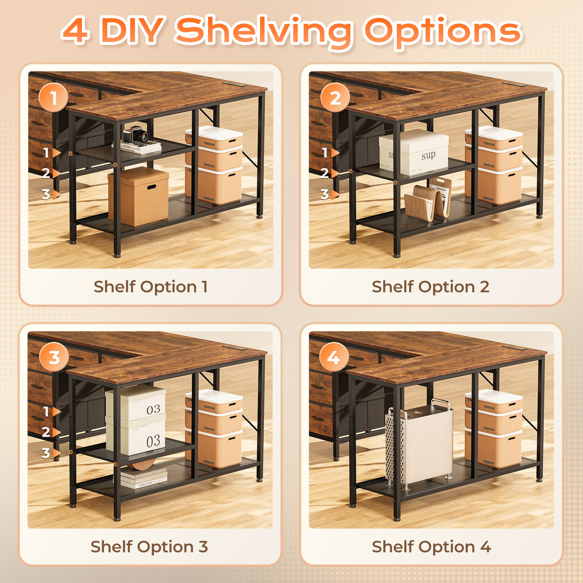 Praisun 47 Inch L Shaped Desk with Power Outlets, 5 Fabric Drawers Reversible Computer Desk with Shelves, USB-C Port, Large Corner Office Desk for Gaming Writing Work Study, Rustic Brown
