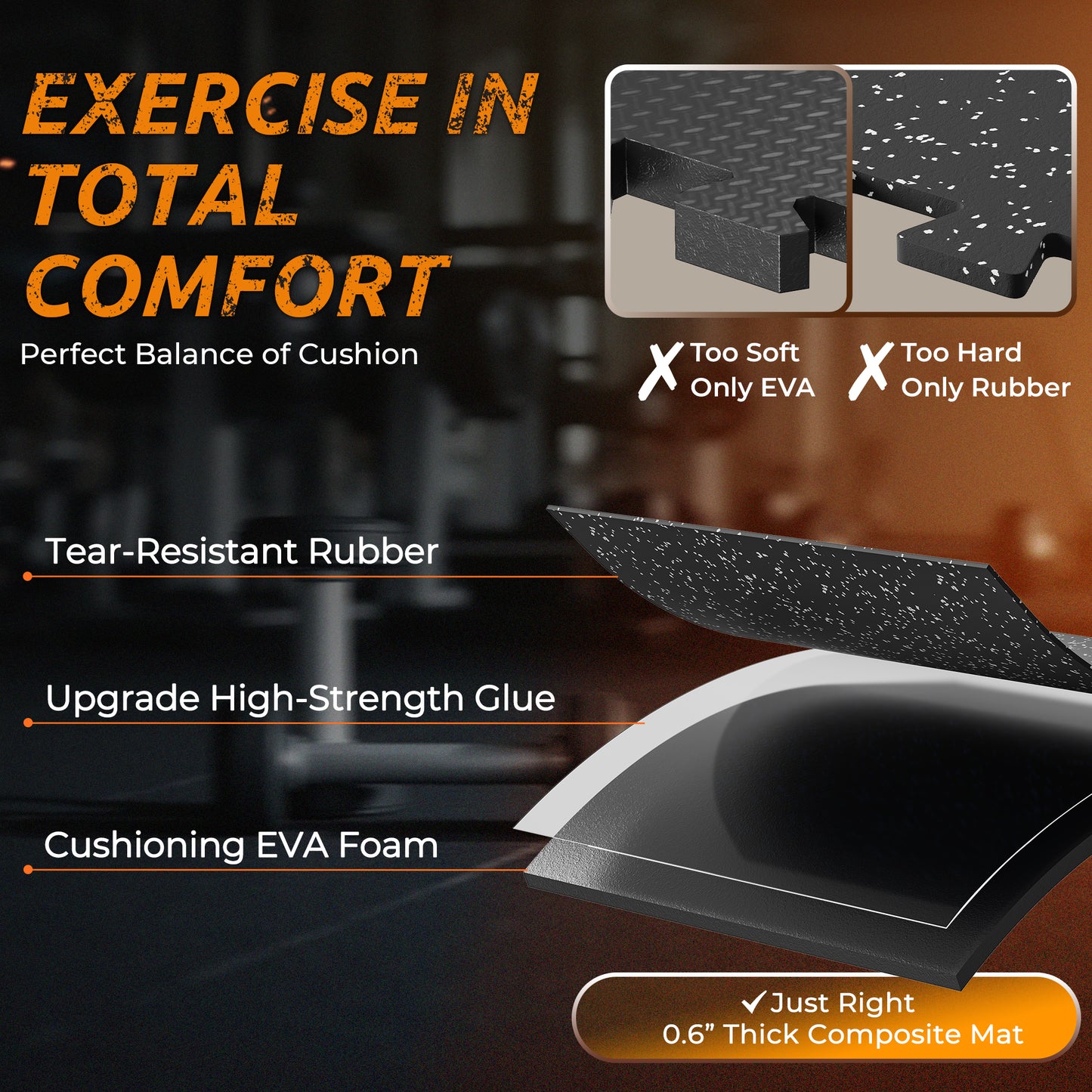 PRAISUN 0.6" Thicker Rubber Top Gym Flooring for Home Gym, 48 Pcs 192 Sq Ft Workout Mats, Exercise Mat, Interlocking Rubber Floor Mats with High Density EVA Foam for Garage, 24 x 24in, Black/Grey