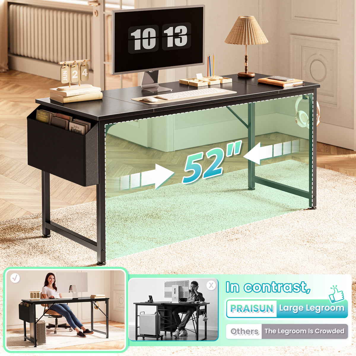 PRAISUN 55'' Computer Desk with Fabric Storage Bag, Office Desk with Durable Desktop, Large Gaming Desk, Writing Work Study Desk for Bedroom, Home Office, Black
