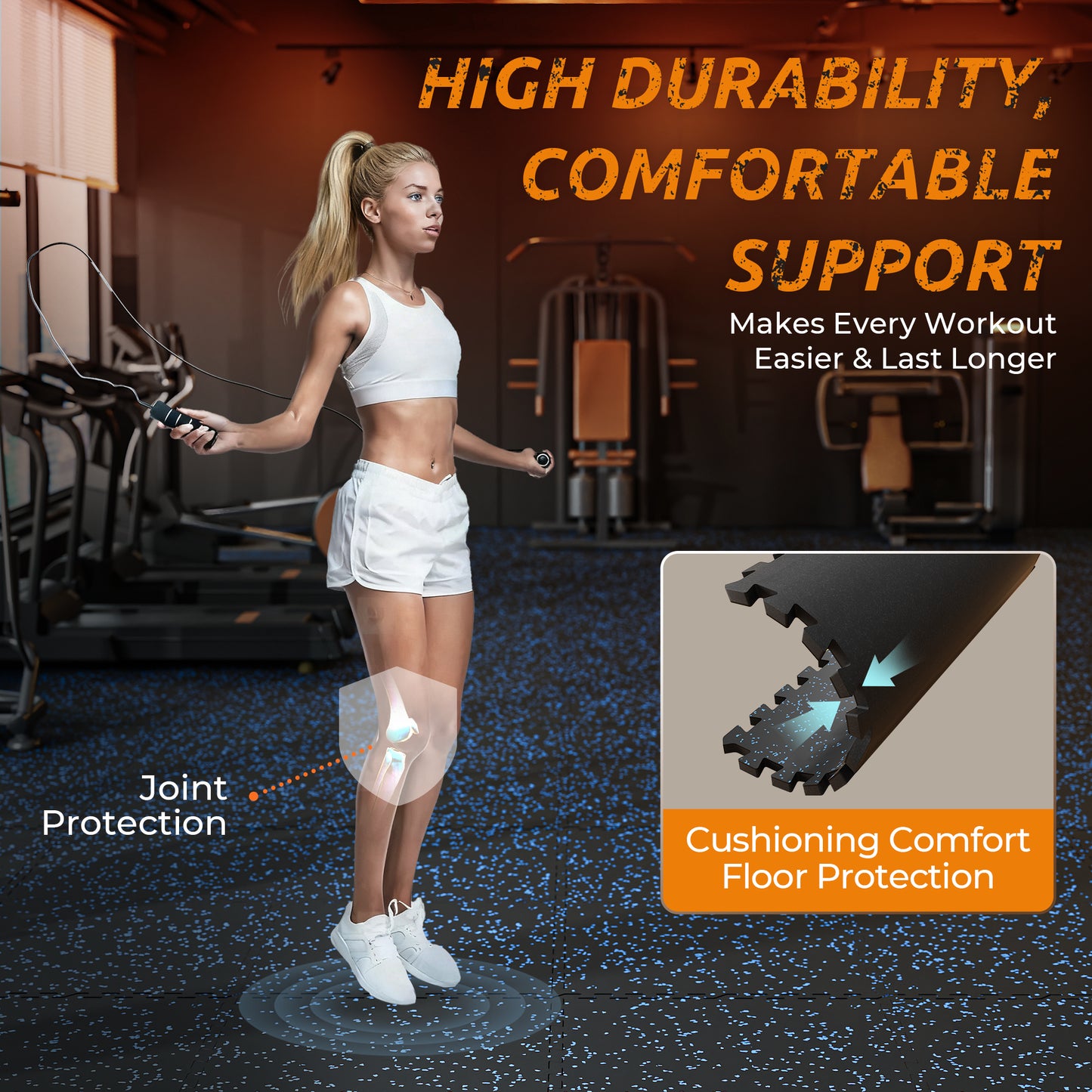 PRAISUN 0.6" Thicker Rubber Top Gym Flooring for Home Gym, 48 Pcs 192 Sq Ft Workout Mats, Exercise Mat, Interlocking Rubber Floor Mats with High Density EVA Foam for Garage, 24 x 24in, Black/Blue