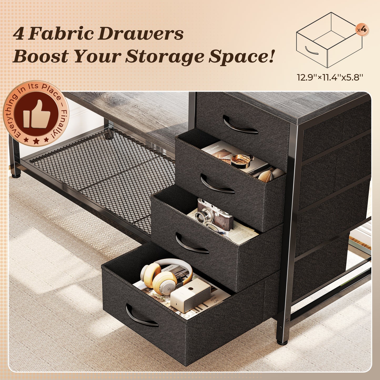 PRAISUN 53" L Shaped Desk with Power Outlets and USB-C Port, Reversible Computer Corner Office Desk with 4 Fabric Drawers and 2 Height-Adjustable Shelves, Large for Gaming Writing Work Study, Grey