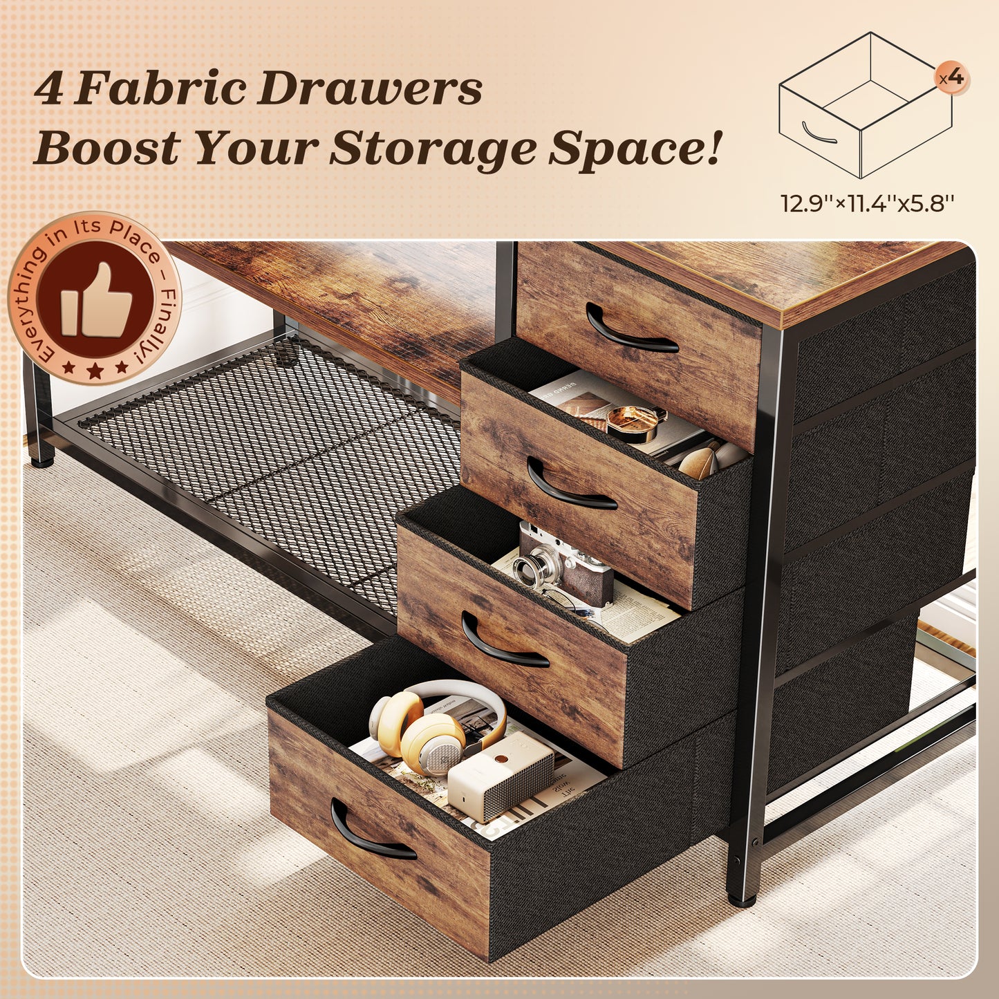 PRAISUN 53" L Shaped Desk with Power Outlets and USB-C Port, Reversible Computer Corner Office Desk with 4 Fabric Drawers and 2 Height-Adjustable Shelves, Large for Gaming Writing Study, Rustic Brown