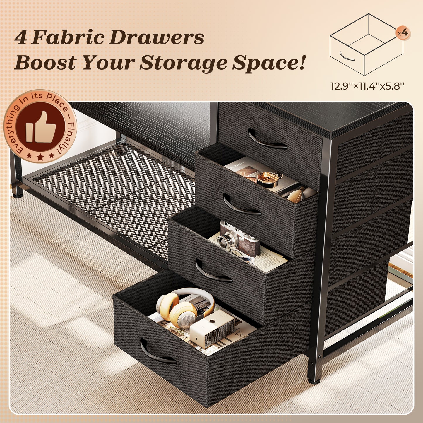 PRAISUN 53" L Shaped Desk with Power Outlets and USB-C Port, Reversible Computer Corner Office Desk with 4 Fabric Drawers and 2 Height-Adjustable Shelves, Large for Gaming Writing Work Study, Black