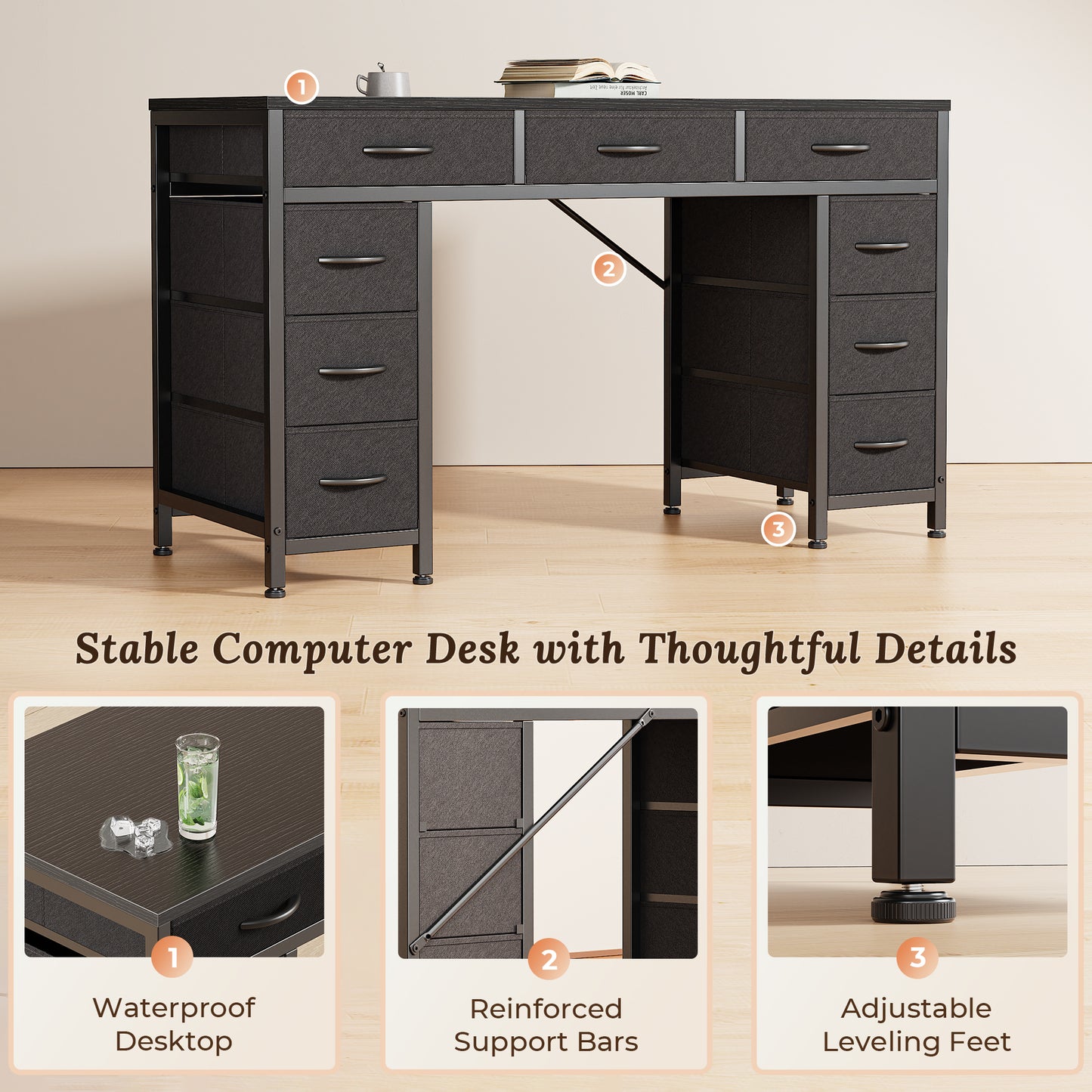 PRAISUN 47 Inch Office Desk with Outlets, Computer Desk with 9 Fabric Drawers, Writing Gaming Work Study Desk for Bedroom, Living Room, Home Office, Large Storage, Black