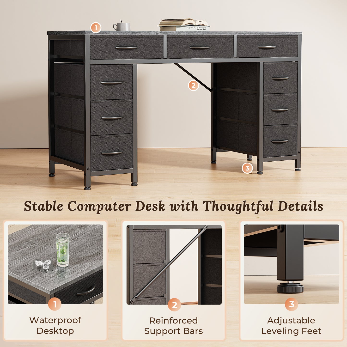 PRAISUN 47 Inch Office Desk with Outlets, Computer Desk with 9 Fabric Drawers, Writing Gaming Work Study Desk for Bedroom, Living Room, Home Office, Large Storage, Grey