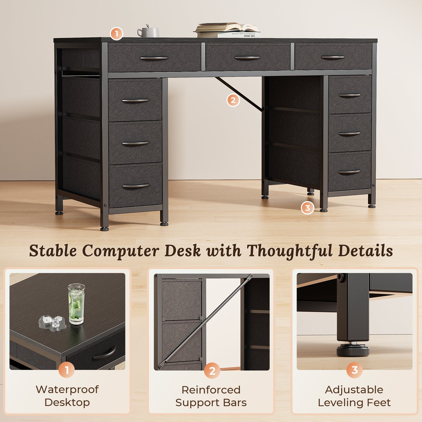 PRAISUN 54 Inch Office Desk with Outlets, Computer Desk with 9 Fabric Drawers, Writing Gaming Work Study Desk for Bedroom, Living Room, Home Office, Large Storage, Black