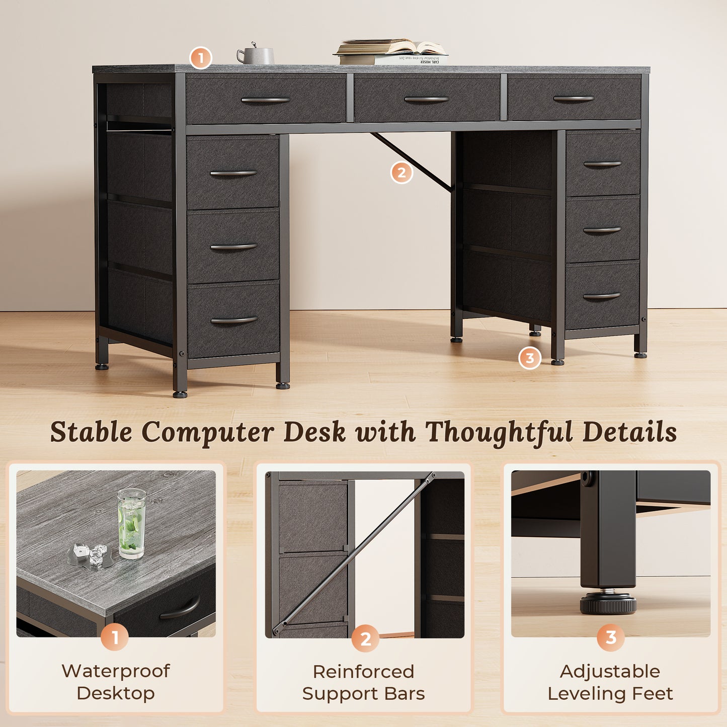PRAISUN 54 Inch Office Desk with Outlets, Computer Desk with 9 Fabric Drawers, Writing Gaming Work Study Desk for Bedroom, Living Room, Home Office, Large Storage, Grey