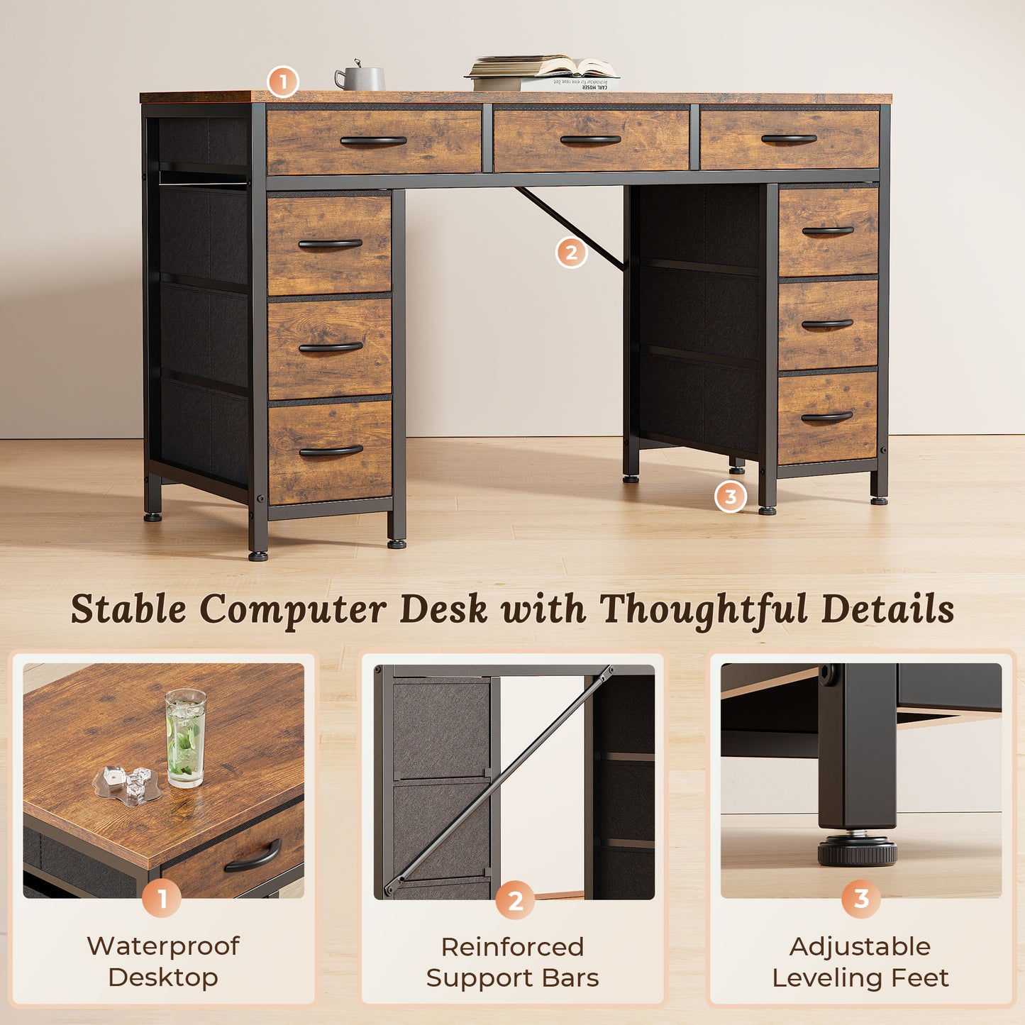 PRAISUN 47 Inch Office Desk with Outlets, Computer Desk with 9 Fabric Drawers, Writing Gaming Work Study Desk for Bedroom, Living Room, Home Office, Large Storage, Rustic Brown
