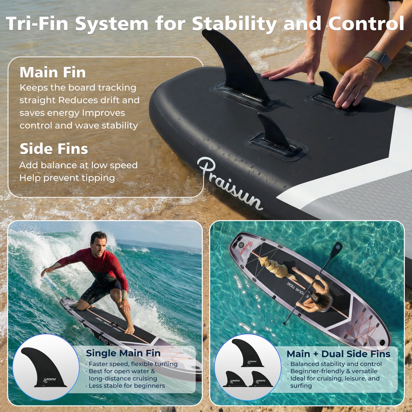 PRAISUN 12’ x 35” Inflatable Paddle Board, 450lbs Extra Wide Stand Up Paddleboard for Youth/Adults of All Skill Levels, Stable SUP with Seat & Full Kit, for Fishing, Yoga, Lake & Ocean