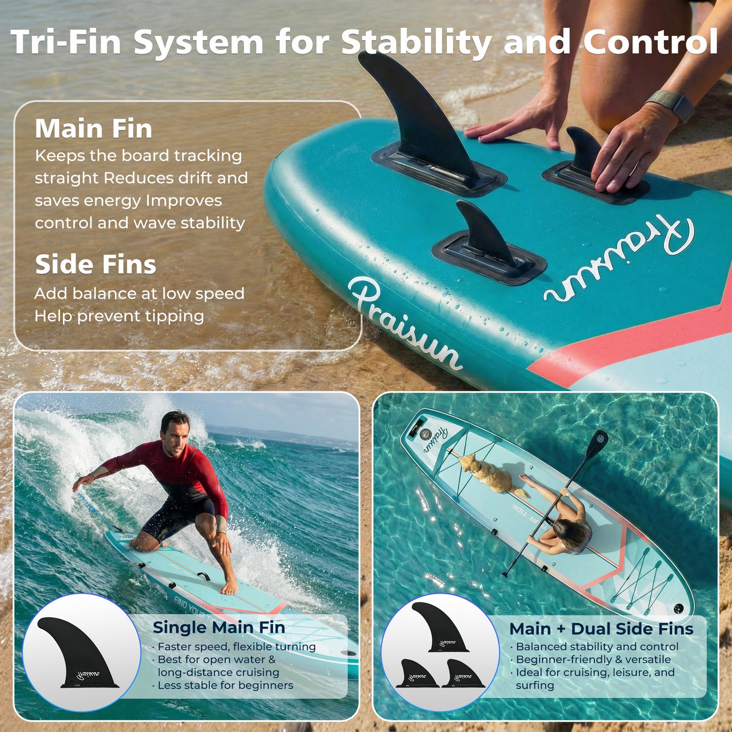 PRAISUN 12’ x 35” Inflatable Paddle Board, 450lbs Extra Wide Stand Up Paddleboard for Youth/Adults of All Skill Levels, Stable SUP with Seat & Full Kit, for Fishing, Yoga, Lake & Ocean