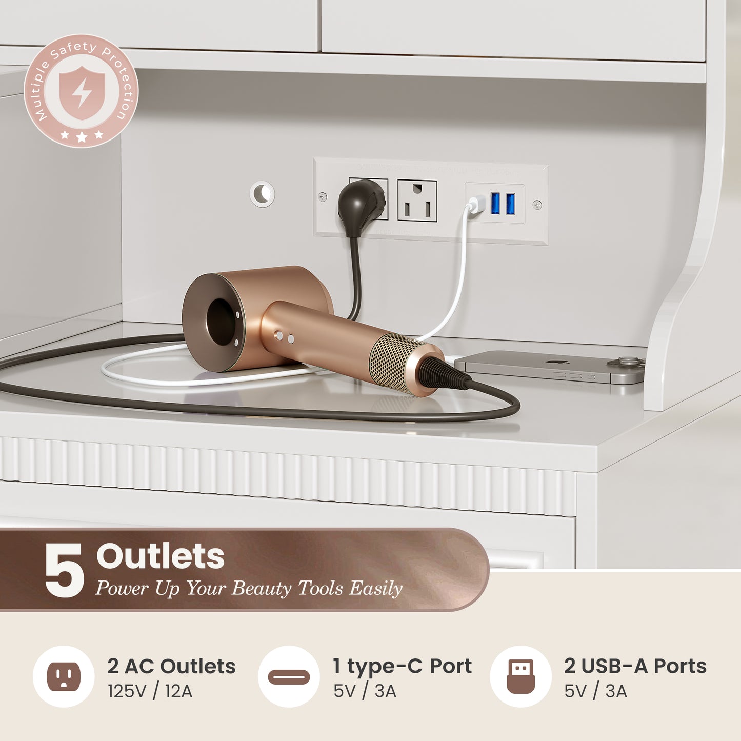 PRAISUN 53 Inch Makeup Vanity Desk with Large Mirror and Lights, Vanity Table with Power Outlets and USB-C Port, Glass Top, 4 Divided Drawer Storage, Big Vanity with Cabinet, Adjustable Shelves